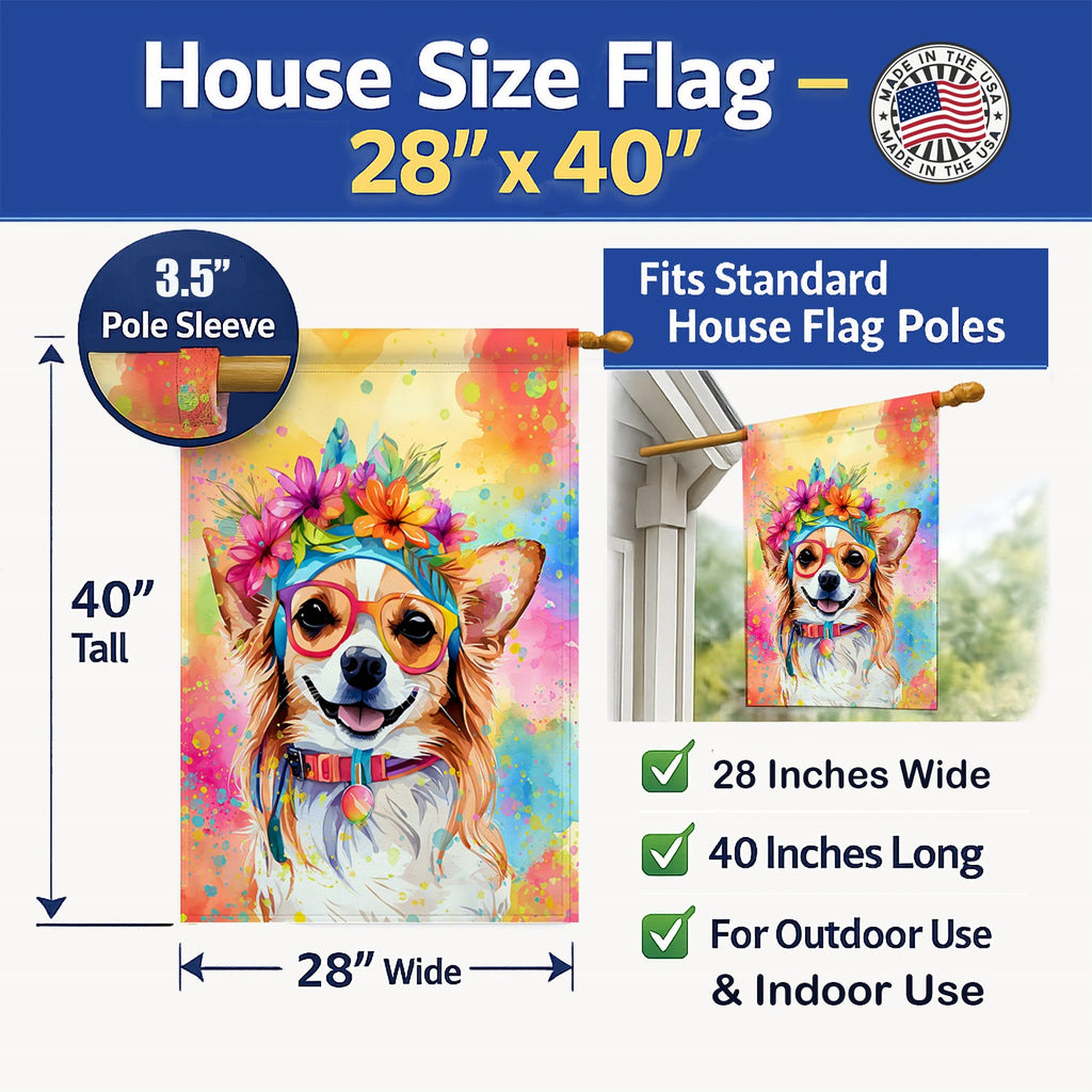 Chihuahua Hippie Dawg House Flag 28x40 Porch Sleeve Pole Decorative Outside Yard Banner Artwork Wall Hanging, Polyester
