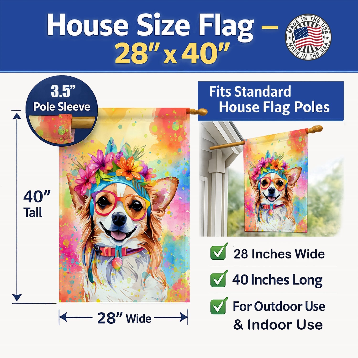 Chihuahua Hippie Dawg House Flag 28x40 Porch Sleeve Pole Decorative Outside Yard Banner Artwork Wall Hanging, Polyester