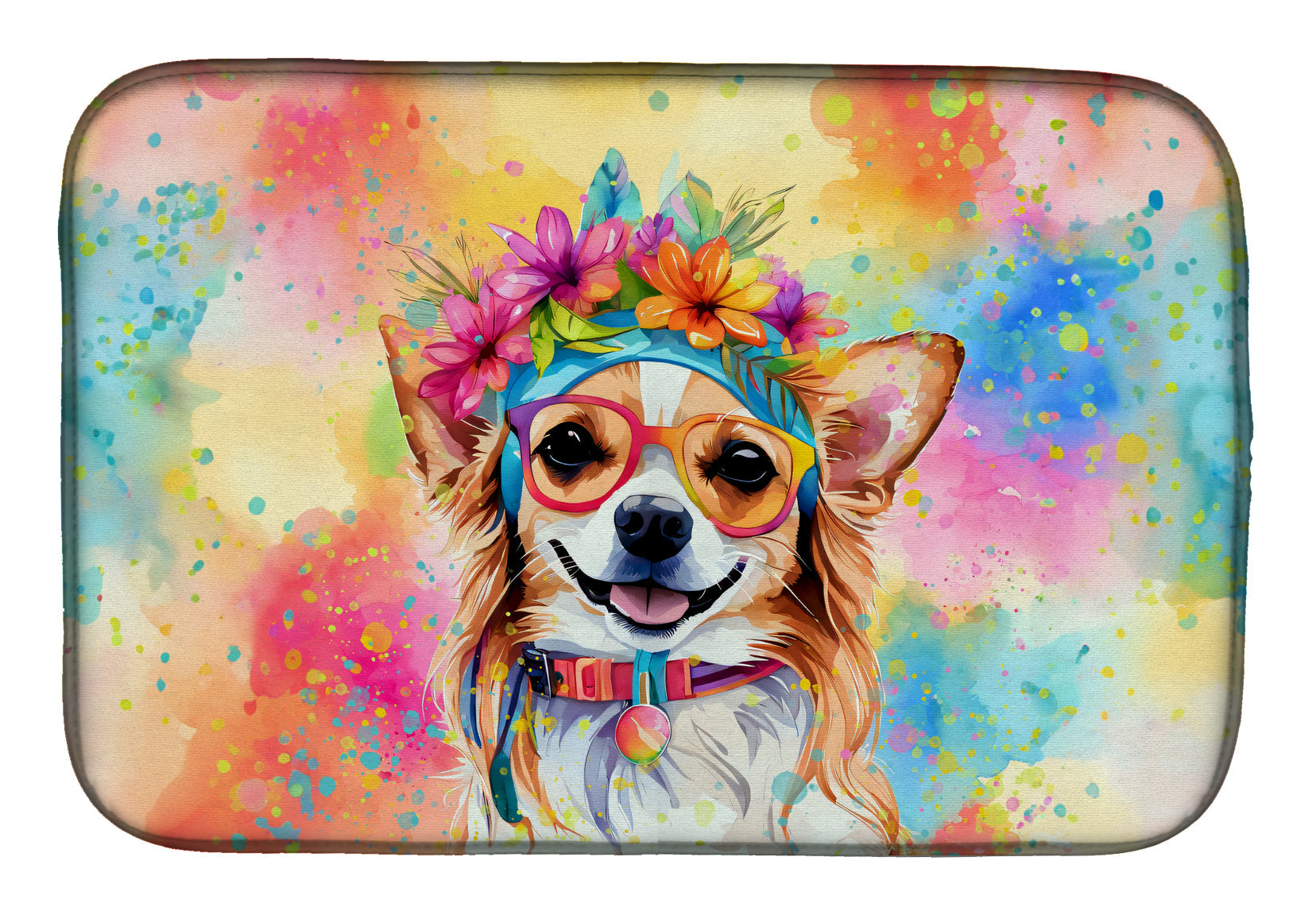 Chihuahua Hippie Dawg Dish Drying Mat Absorbent Dish Drying Mat Pad for Kitchen Counter Dish Drainer Mat for Countertop, 14 x 21", Multicolor