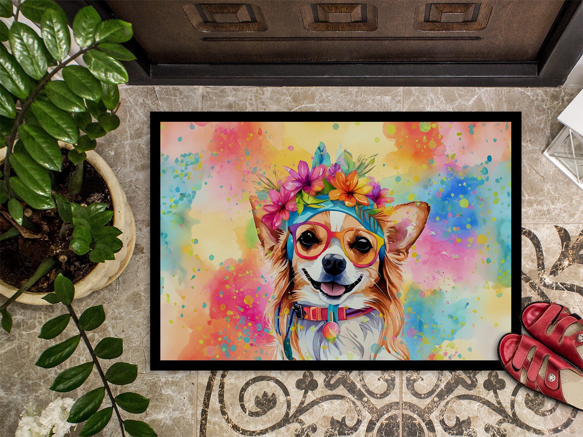 Chihuahua Hippie Dawg Doormat Indoor Outdoor 24H X 36W Front Door Mat Rugs for Entryway, Non Slip Washable Low Pile,