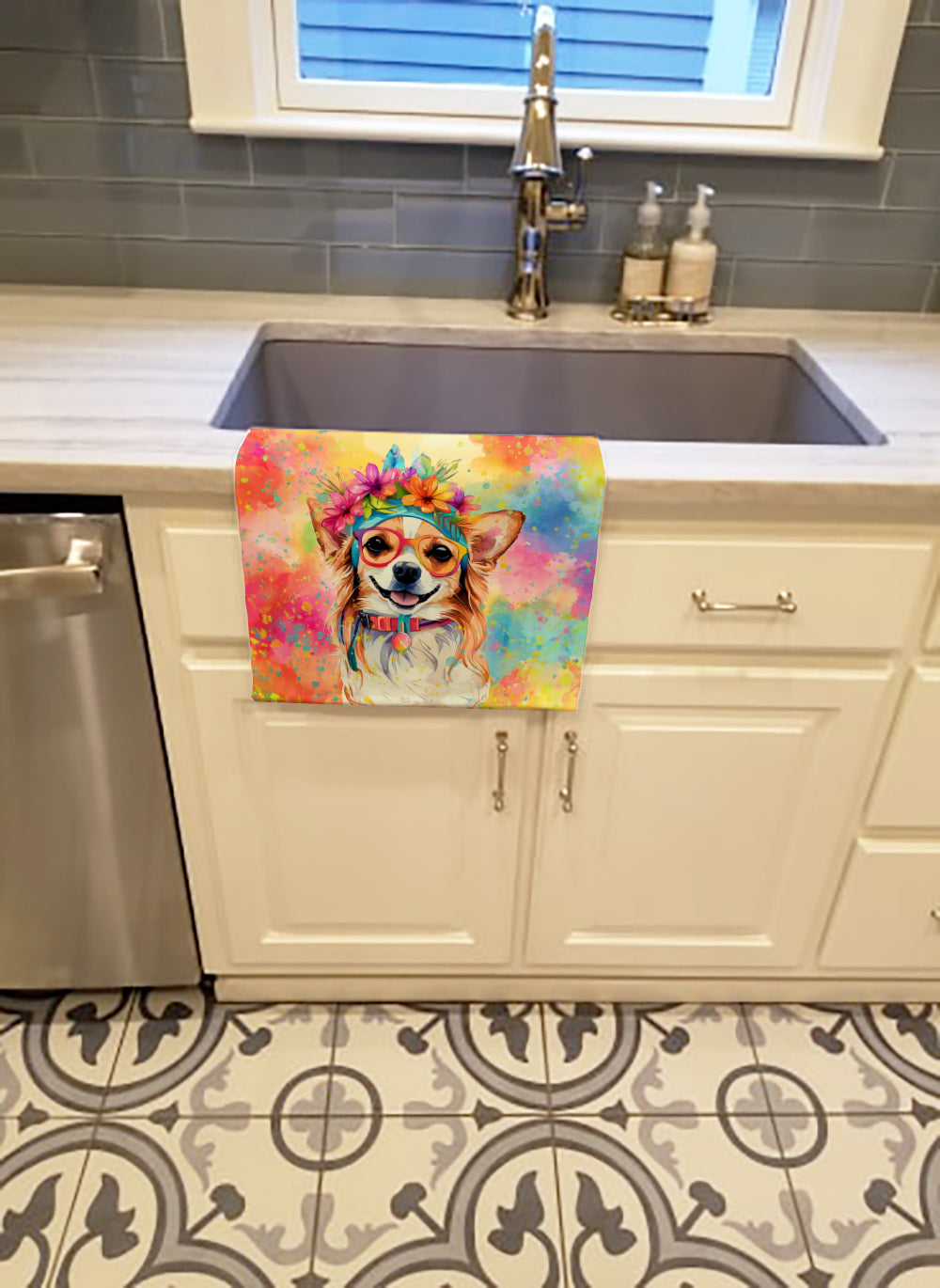 Chihuahua Hippie Dawg Kitchen Towel Velour Plush Front and Cotton Loop Back Machine Washable