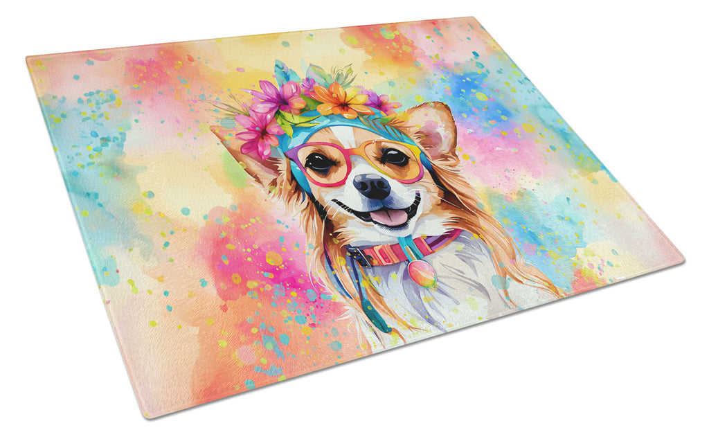 Chihuahua Hippie Dawg Cutting Board Tempered Glass Kitchen Cutting Surface, Heat Resistant Chopping, Non-Slip Feet, Food Prep & Serving
