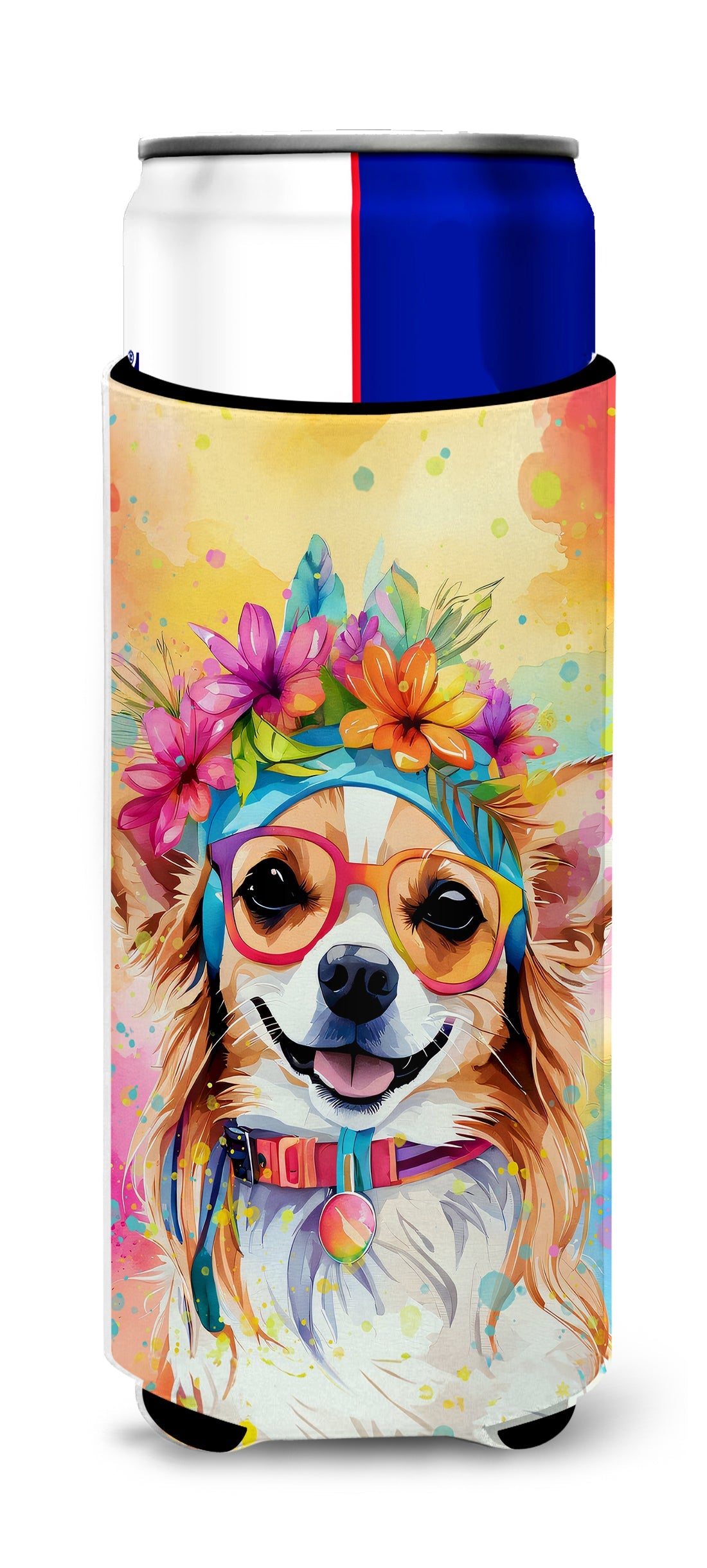 Chihuahua Hippie Dawg Slim Can Hugger , Insulated Foam Hugger for 12 oz Slim Cans, Beer Bottles & Water Bottles, Printed in USA