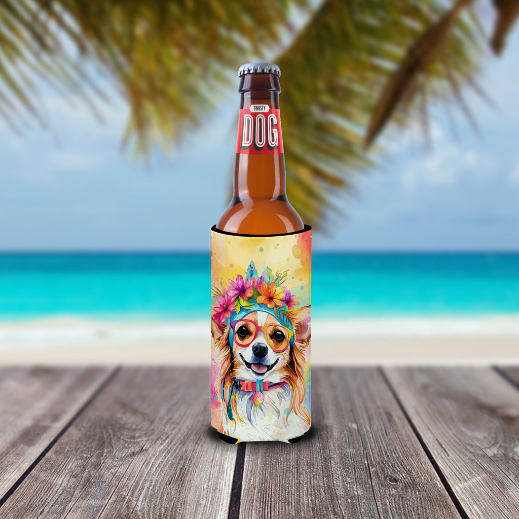 Chihuahua Hippie Dawg Slim Can Hugger , Insulated Foam Hugger for 12 oz Slim Cans, Beer Bottles & Water Bottles, Printed in USA