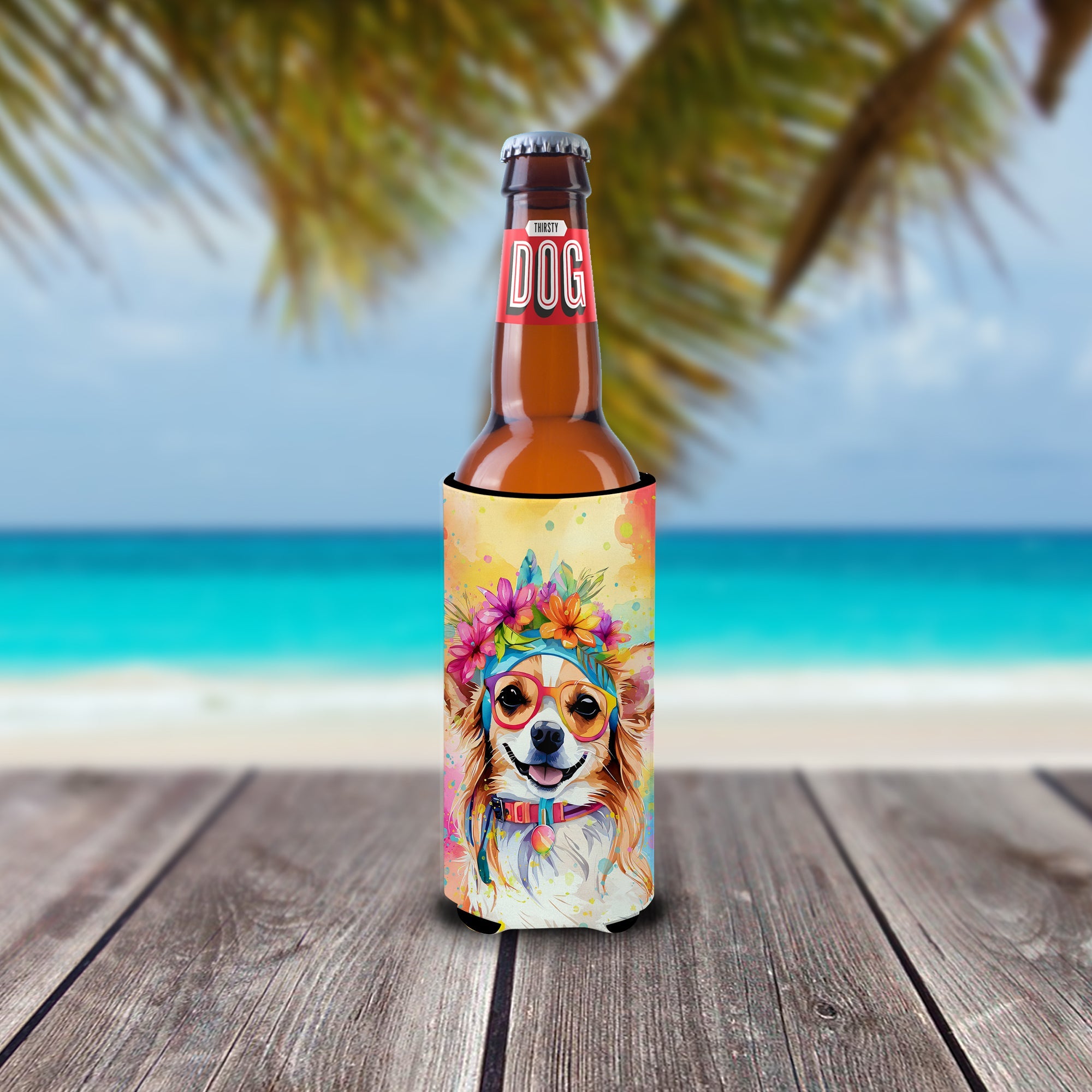 Chihuahua Hippie Dawg Slim Can Hugger , Insulated Foam Hugger for 12 oz Slim Cans, Beer Bottles & Water Bottles, Printed in USA