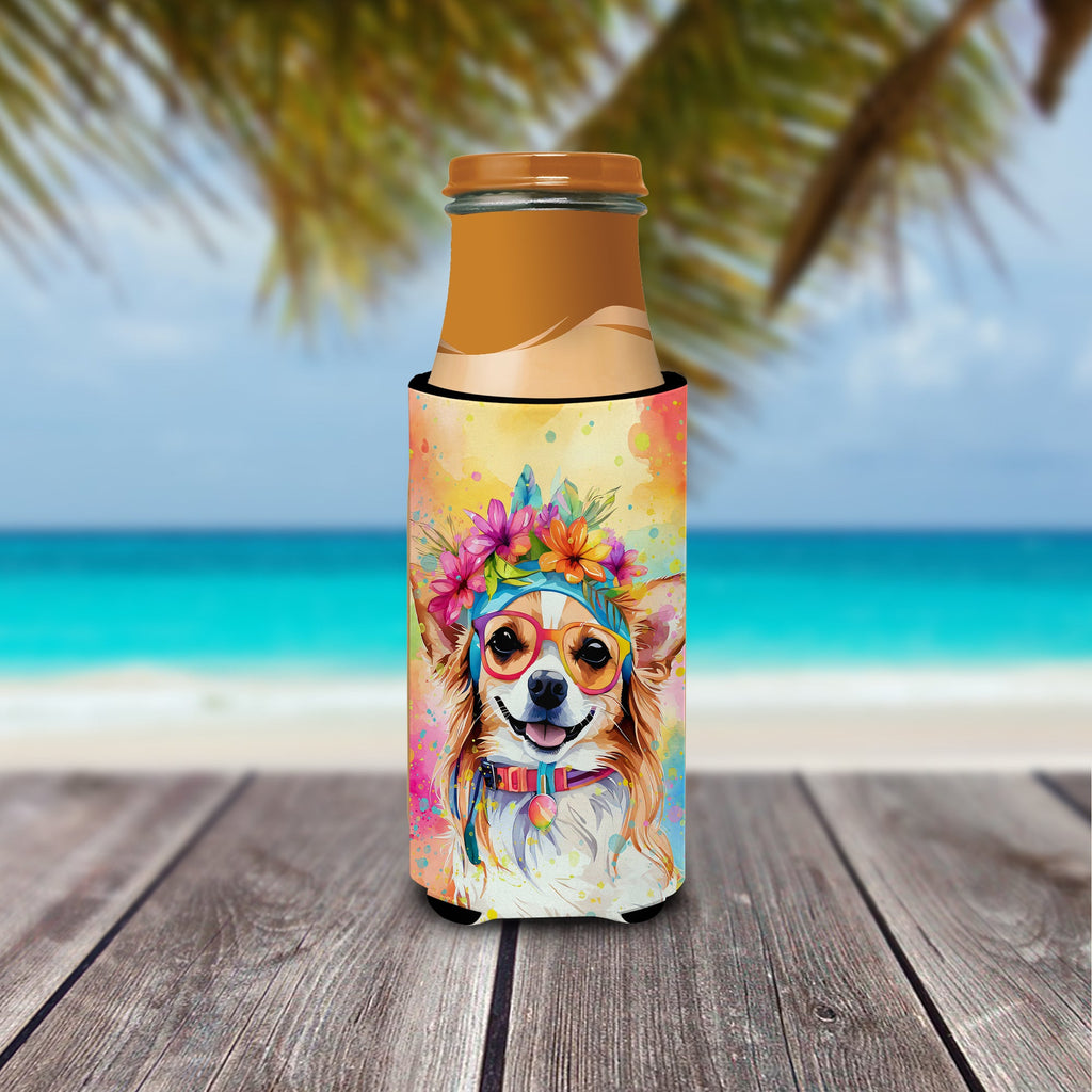 Chihuahua Hippie Dawg Slim Can Hugger , Insulated Foam Hugger for 12 oz Slim Cans, Beer Bottles & Water Bottles, Printed in USA