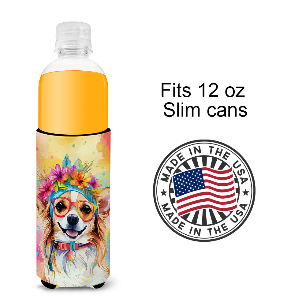 Chihuahua Hippie Dawg Slim Can Hugger , Insulated Foam Hugger for 12 oz Slim Cans, Beer Bottles & Water Bottles, Printed in USA