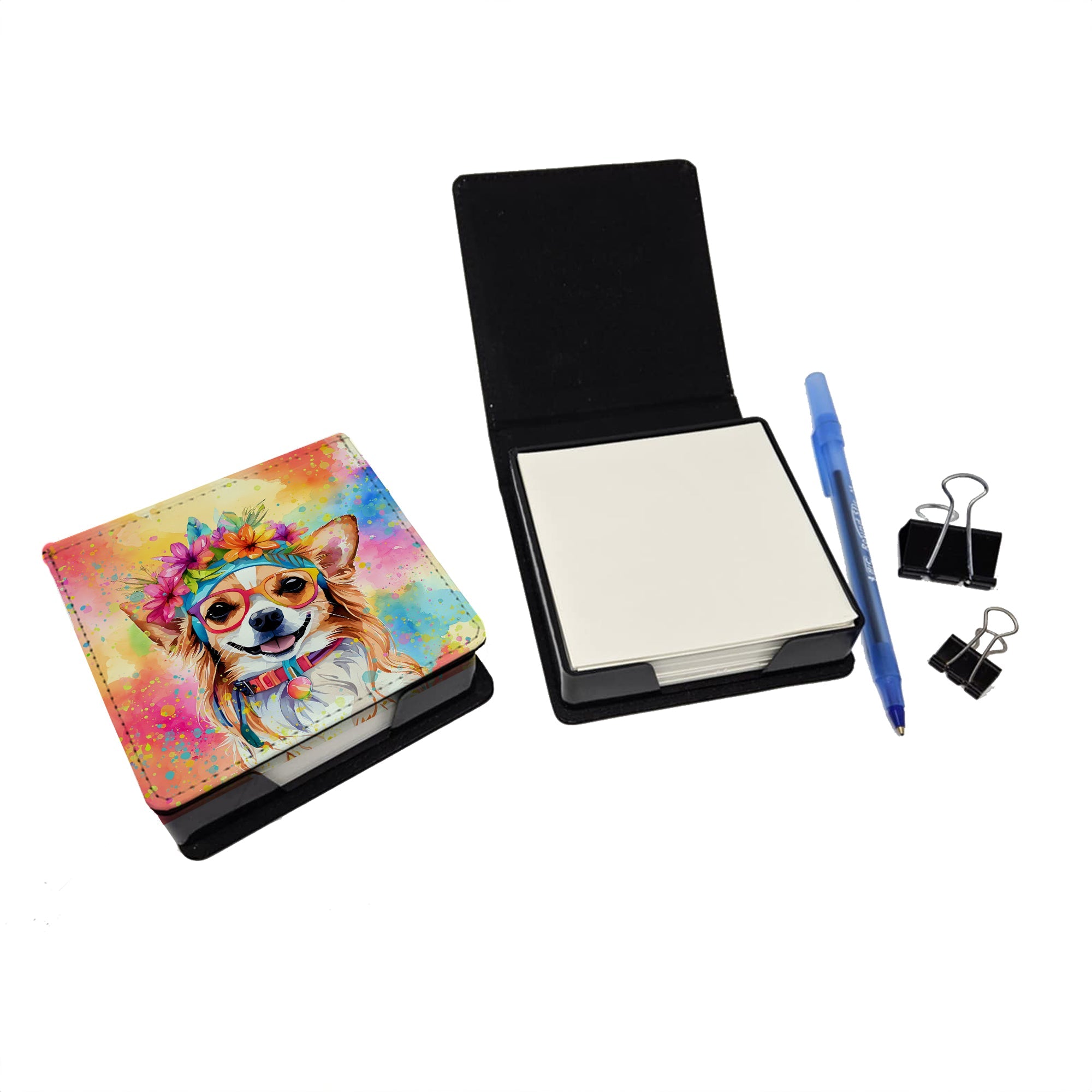 Chihuahua Hippie Dawg PU Leather Note Paper Holder with Artist-Designed Cover, Desk Accessory, Office Gift