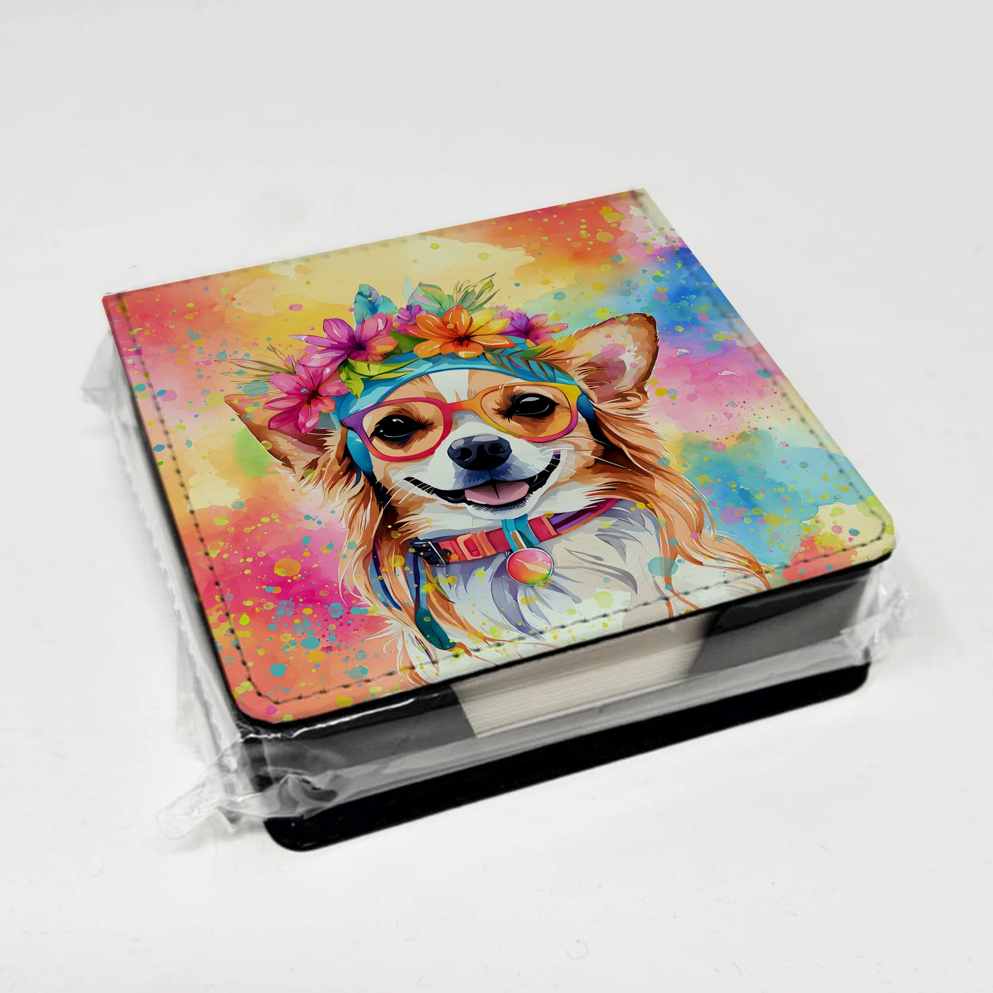 Chihuahua Hippie Dawg PU Leather Note Paper Holder with Artist-Designed Cover, Desk Accessory, Office Gift