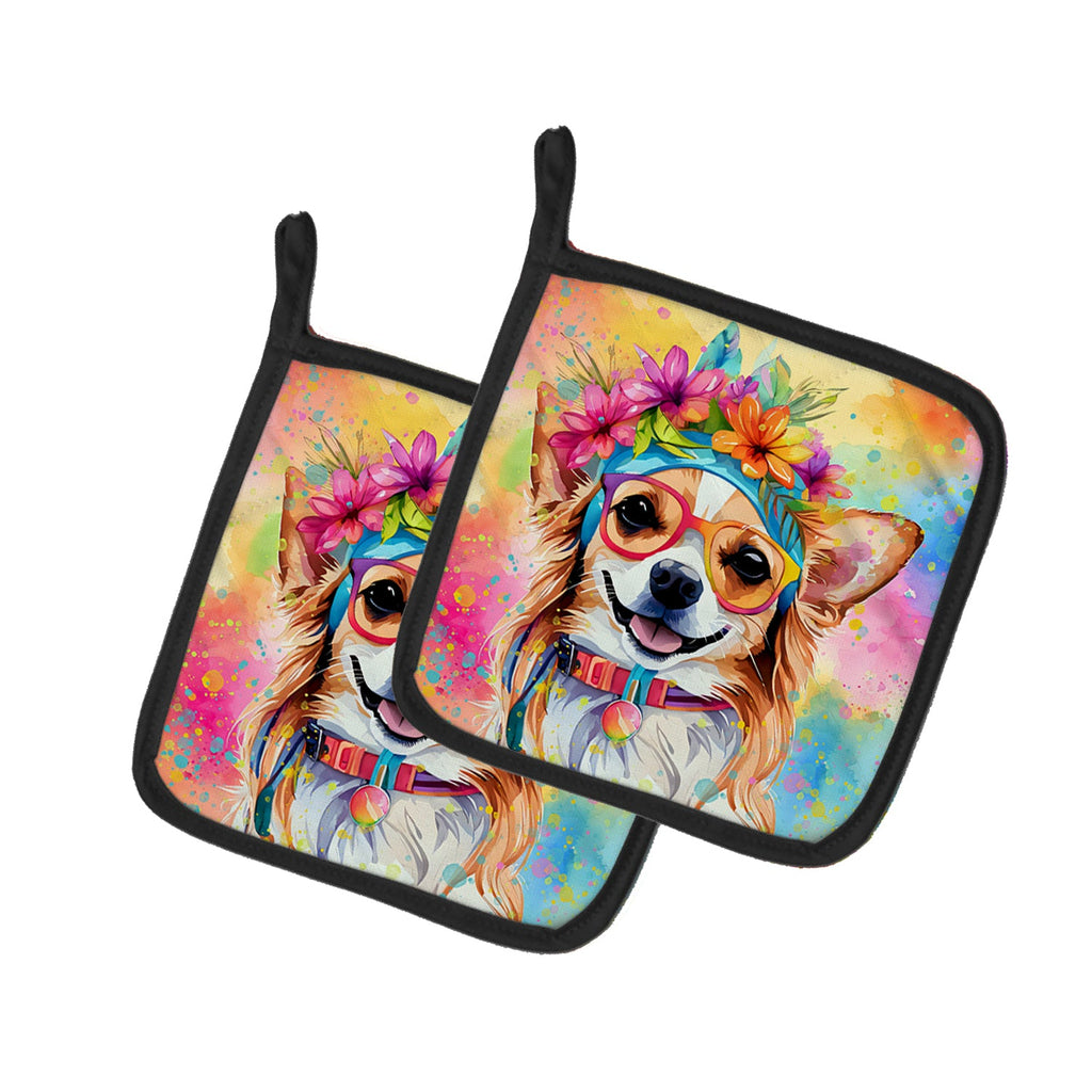 Chihuahua Hippie Dawg Pot Holder Set of 2 Heat Resistant Quilted Hot Pads 7.5 x 7.5 Inch, Insulated Kitchen Trivets for Cooking & Baking