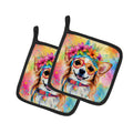 Chihuahua Hippie Dawg Pot Holder Set of 2 Heat Resistant Quilted Hot Pads 7.5 x 7.5 Inch, Insulated Kitchen Trivets for Cooking & Baking