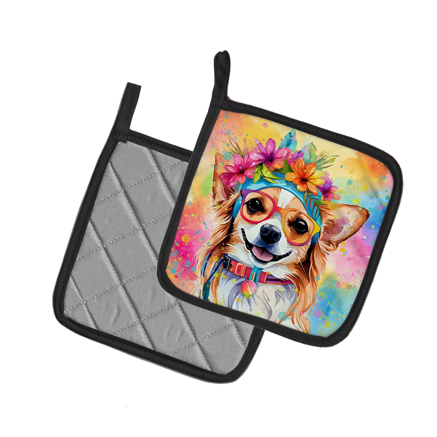 Chihuahua Hippie Dawg Pot Holder Set of 2 Heat Resistant Quilted Hot Pads 7.5 x 7.5 Inch, Insulated Kitchen Trivets for Cooking & Baking