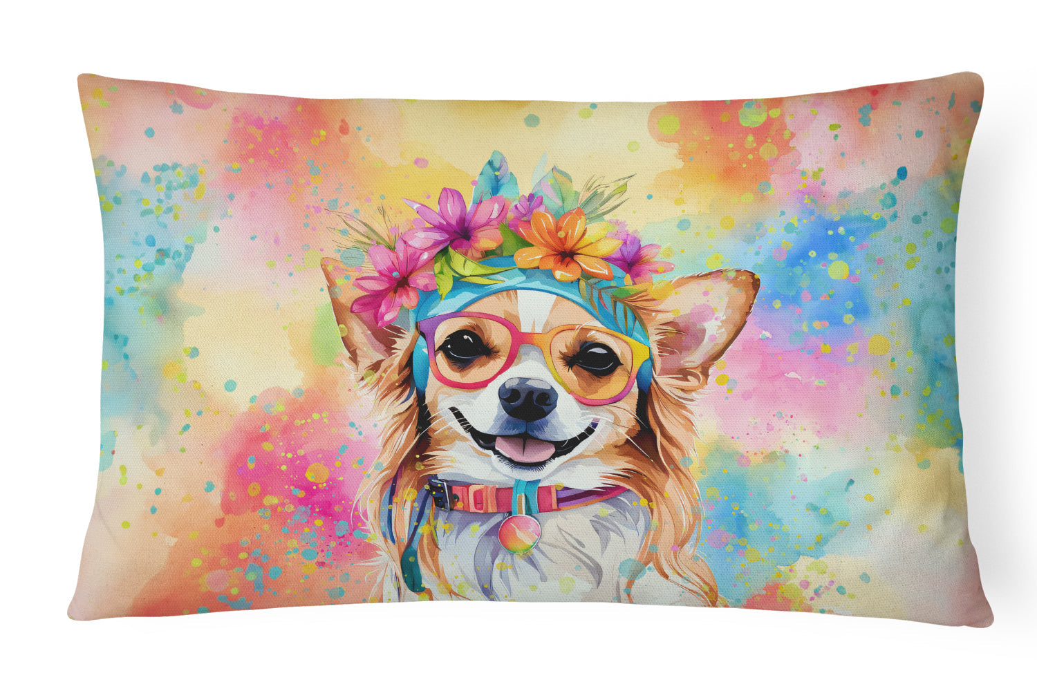 Chihuahua Hippie Dawg Decorative Throw Pillow 12x16 Indoor Outdoor Accent Cushion, Fabric Cover with Insert for Sofa, Bed, Porch & Living Room