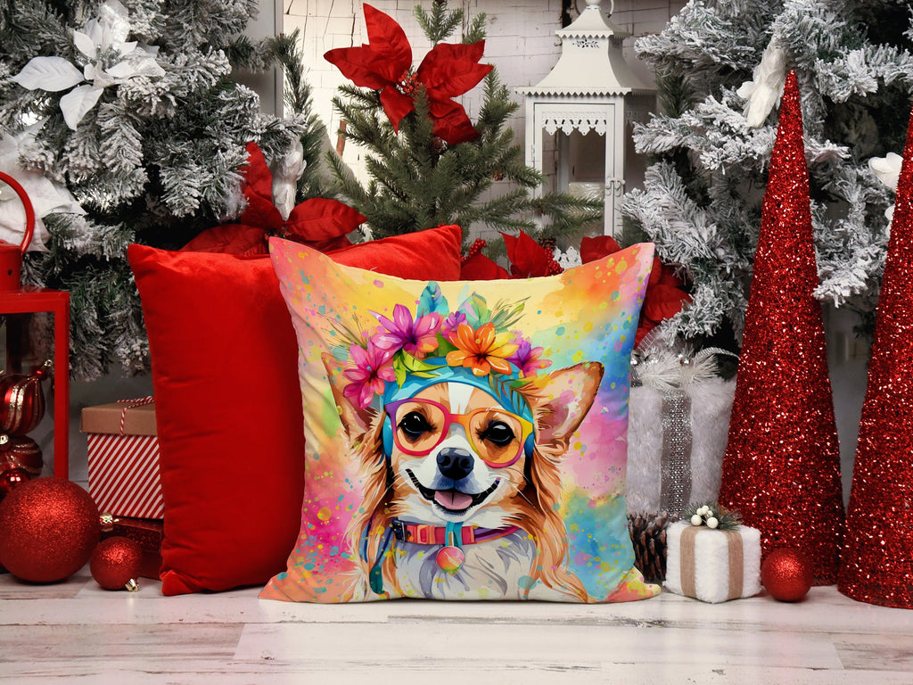 Chihuahua Hippie Dawg Decorative Throw Pillow 14x14 Indoor Outdoor Accent Cushion, Fabric Cover with Insert for Sofa, Bed, Porch & Living Room