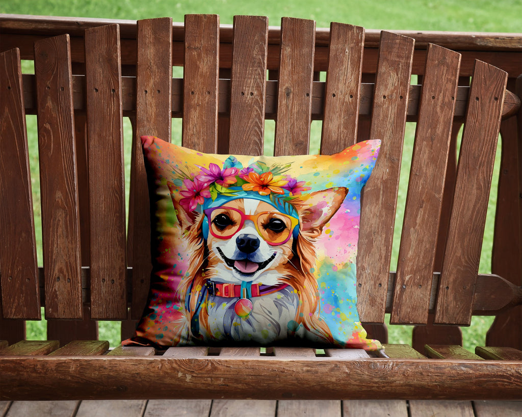 Chihuahua Hippie Dawg Decorative Throw Pillow 14x14 Indoor Outdoor Accent Cushion, Fabric Cover with Insert for Sofa, Bed, Porch & Living Room
