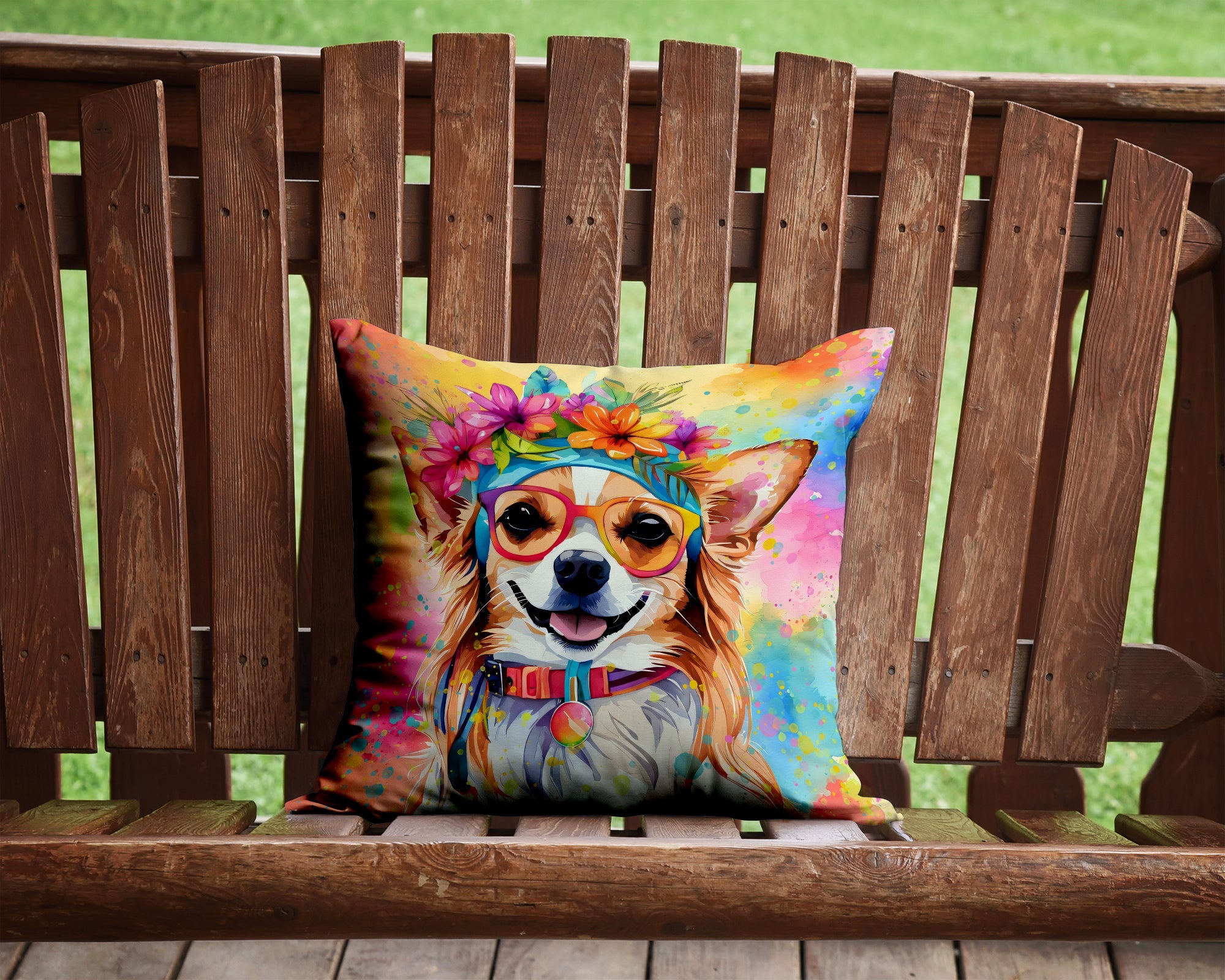 Chihuahua Hippie Dawg Decorative Throw Pillow 14x14 Indoor Outdoor Accent Cushion, Fabric Cover with Insert for Sofa, Bed, Porch & Living Room