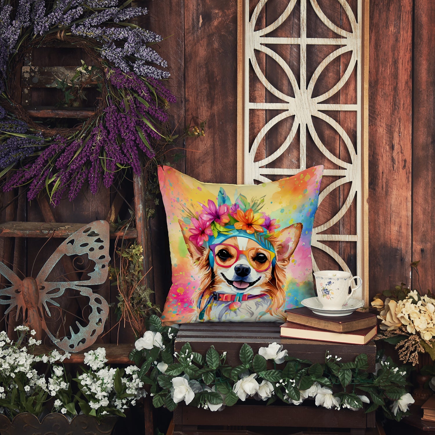 Chihuahua Hippie Dawg Decorative Throw Pillow 18x18 Indoor Outdoor Accent Cushion, Fabric Cover with Insert for Sofa, Bed, Porch & Living Room