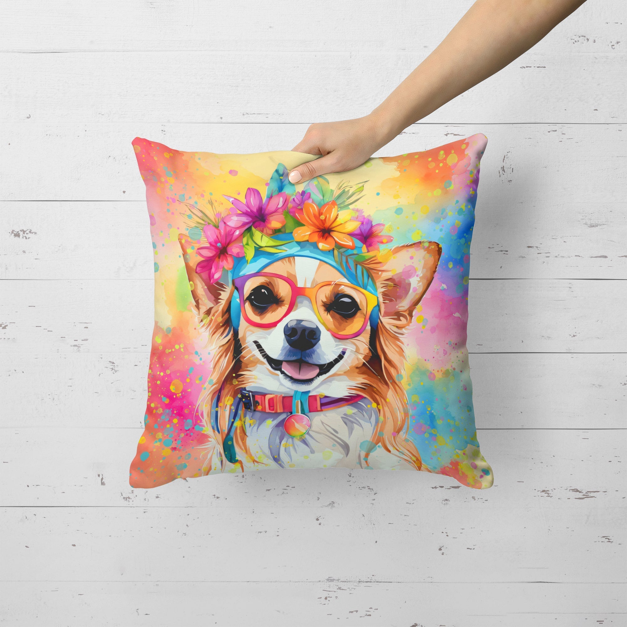 Chihuahua Hippie Dawg Decorative Throw Pillow 18x18 Indoor Outdoor Accent Cushion, Fabric Cover with Insert for Sofa, Bed, Porch & Living Room