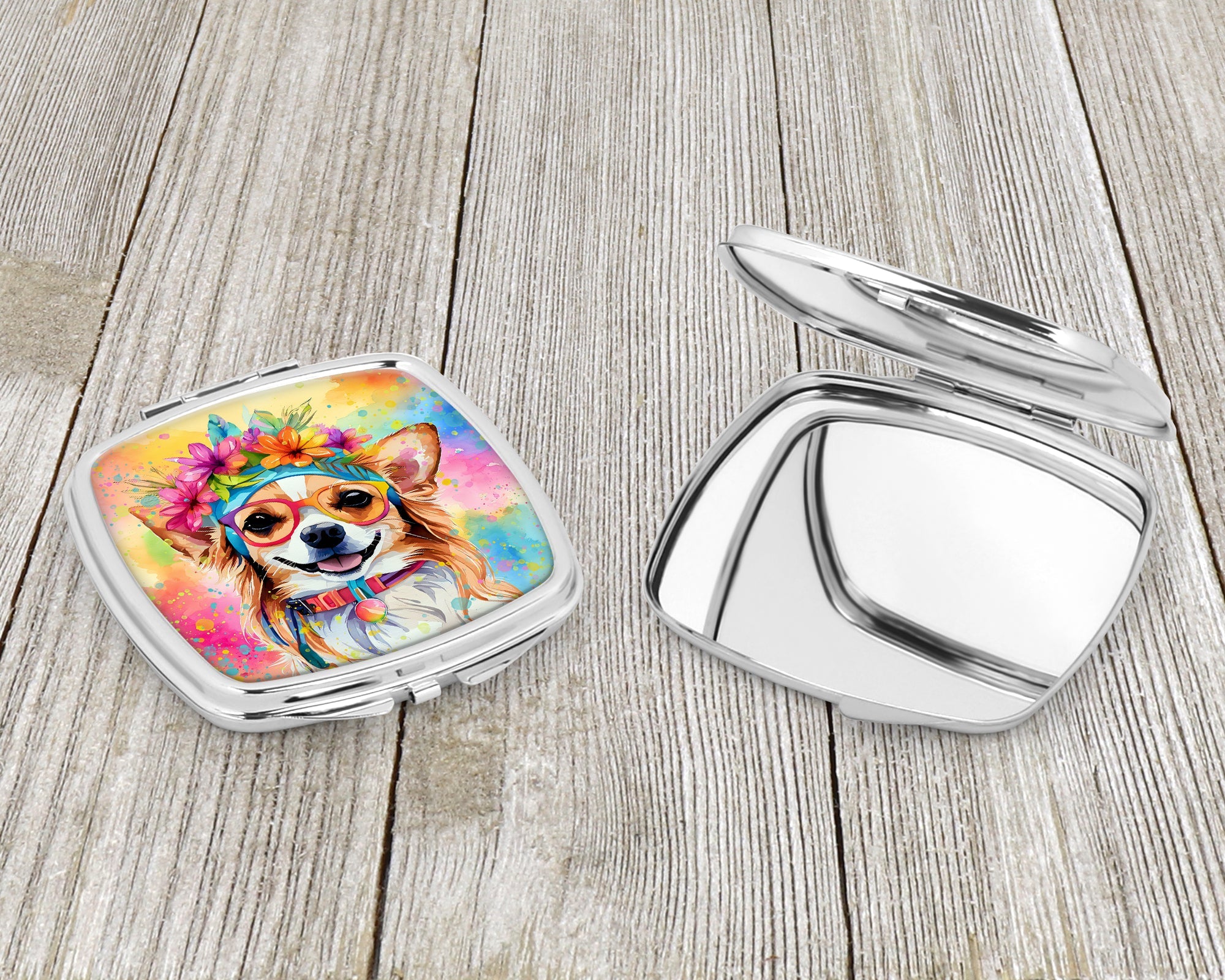 Chihuahua Hippie Dawg Compact Mirror Decorative Travel Makeup Mirror for Women Girls Gifts Pocket Makeup Mirror Folding Handheld