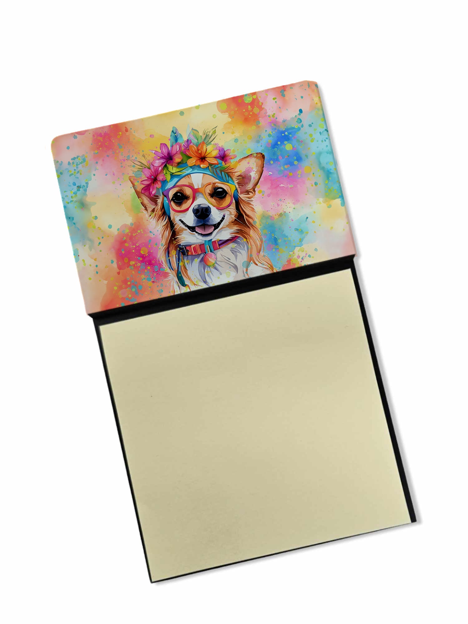 Chihuahua Hippie Dawg Watercolor Sticky Note Holder Refillable Dispenser Desk Accessory 3x3 Pad Gift