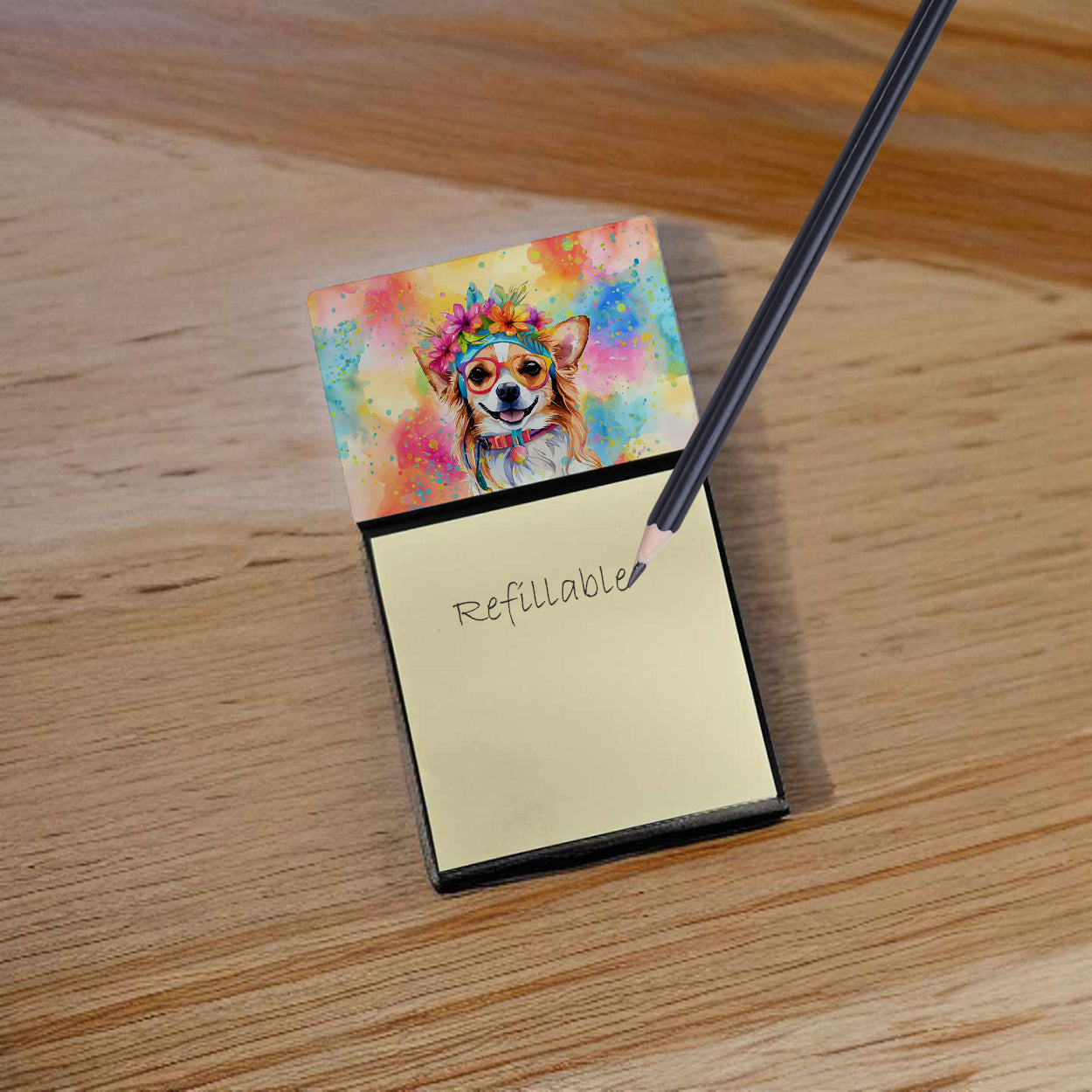 Chihuahua Hippie Dawg Watercolor Sticky Note Holder Refillable Dispenser Desk Accessory 3x3 Pad Gift