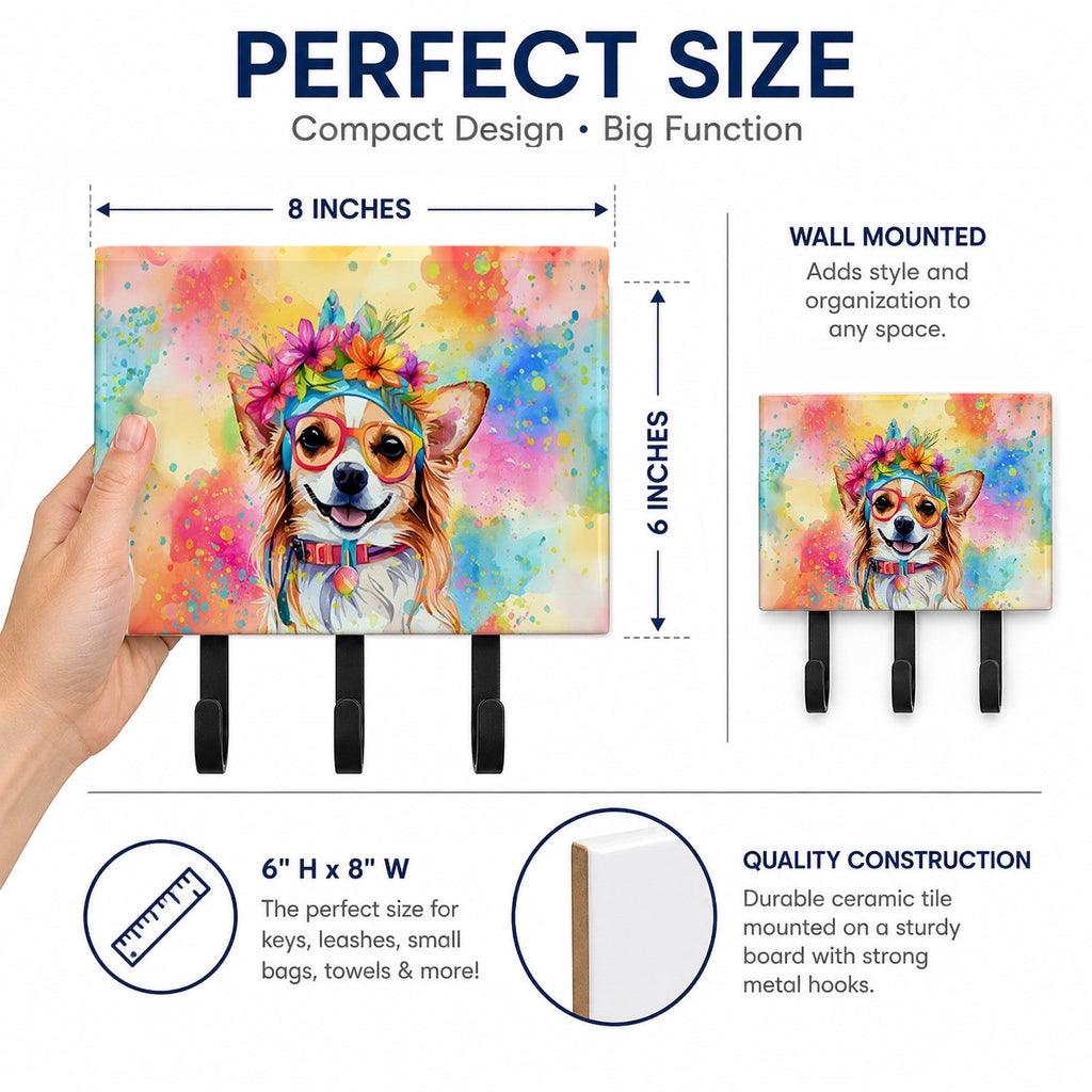 Chihuahua Hippie Dawg Leash or Key Holder Wall Hooks, Coat Rack Wall Mount, for Hanging Keys, Towels, Aprons, Leashes