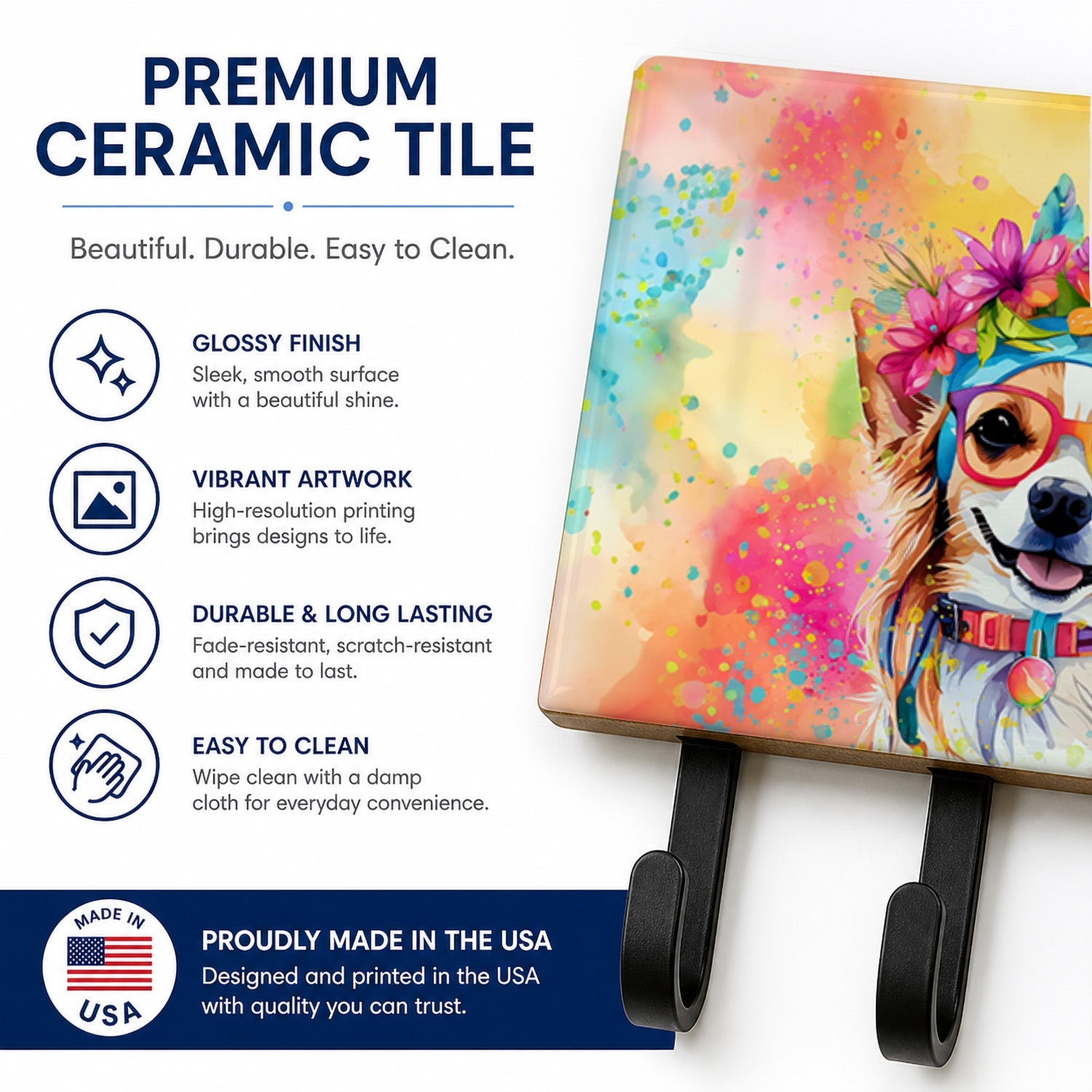 Chihuahua Hippie Dawg Leash or Key Holder Wall Hooks, Coat Rack Wall Mount, for Hanging Keys, Towels, Aprons, Leashes