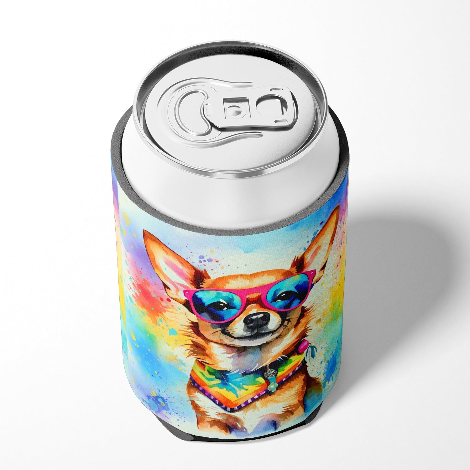 Chihuahua Hippie Dawg Can or Bottle Hugger Cooler Sleeve for Standard 12 oz Cans, Insulated Foam Beer & Soda Can Hugger Reusable