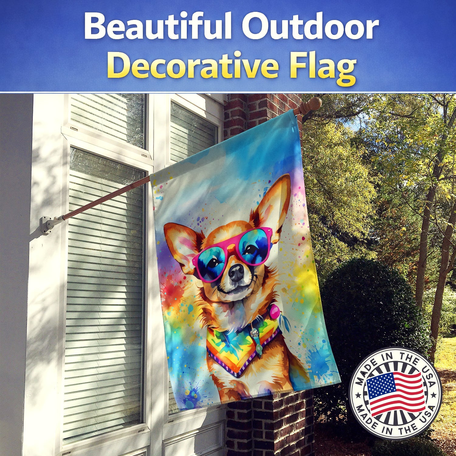 Chihuahua Hippie Dawg House Flag 28x40 Porch Sleeve Pole Decorative Outside Yard Banner Artwork Wall Hanging, Polyester