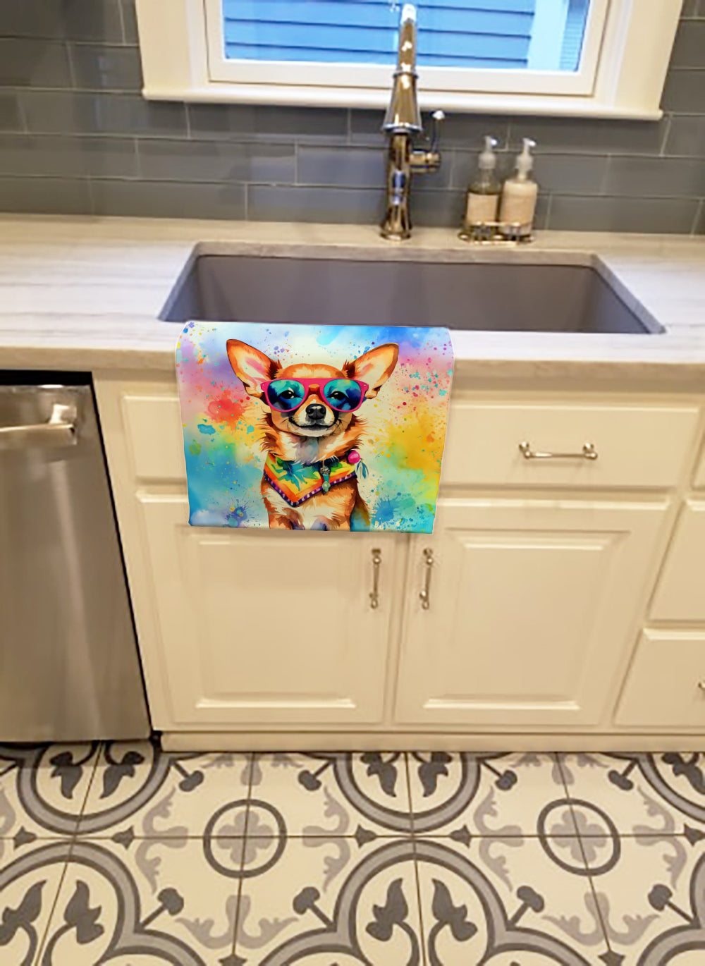 Chihuahua Hippie Dawg Kitchen Towel Velour Plush Front and Cotton Loop Back Machine Washable