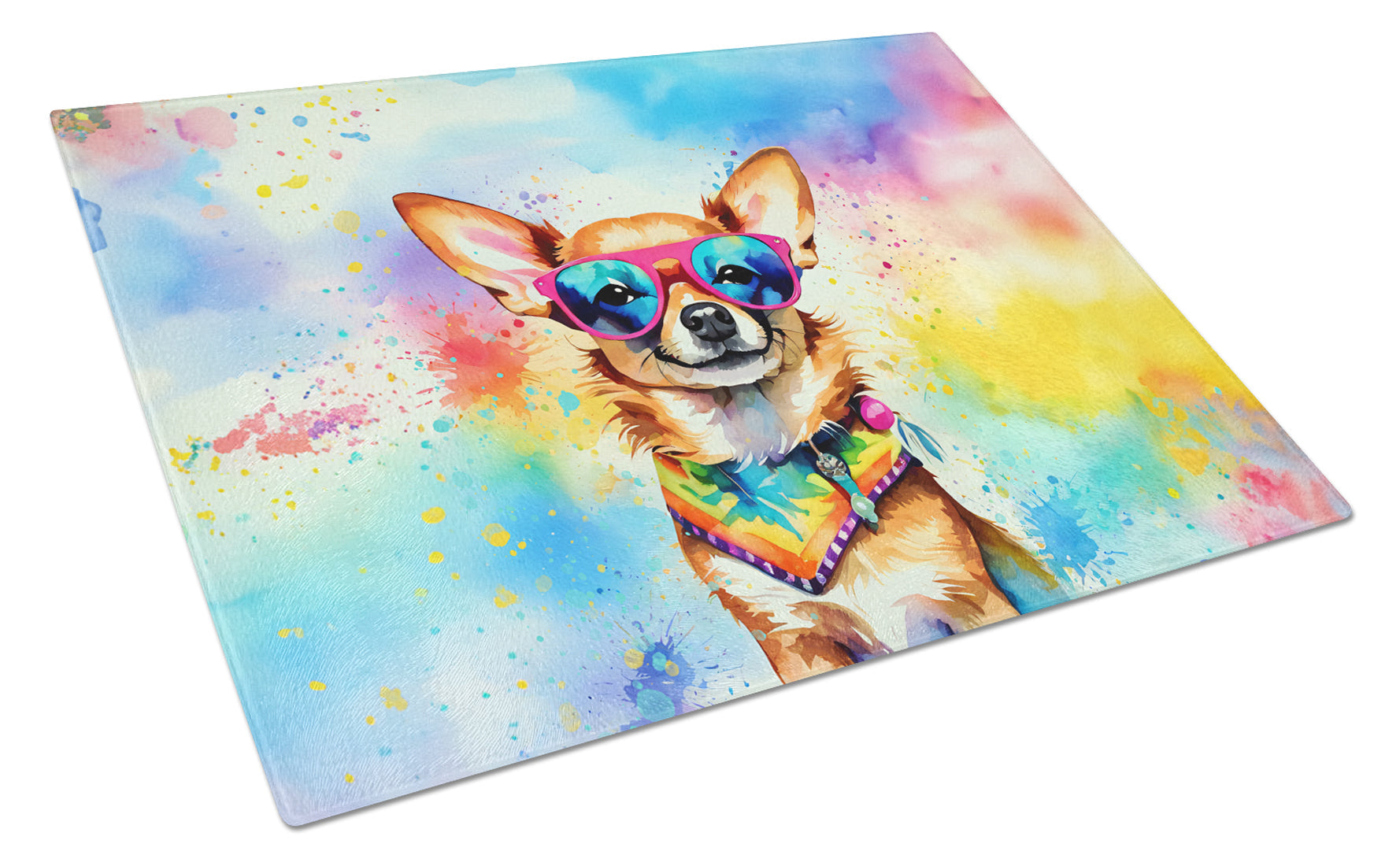 Chihuahua Hippie Dawg Cutting Board Tempered Glass Kitchen Cutting Surface, Heat Resistant Chopping, Non-Slip Feet, Food Prep & Serving
