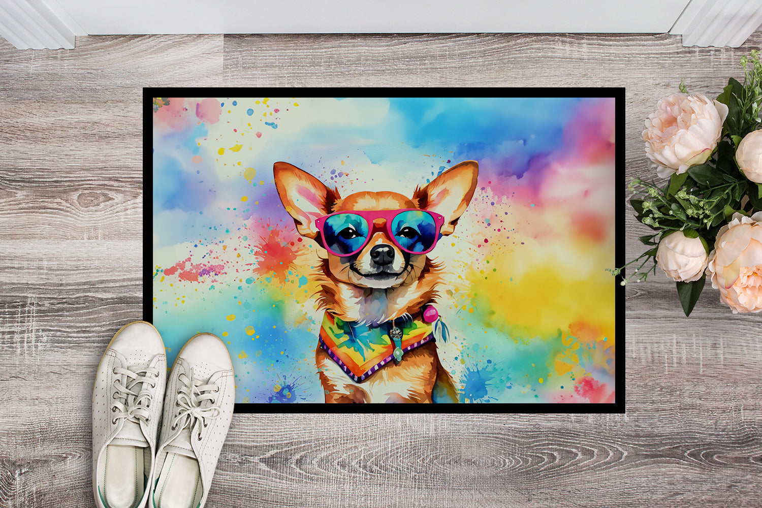 Chihuahua Hippie Dawg Doormat Indoor Outdoor 18H X 27W Front Door Mat Rugs for Entryway, Non Slip Washable