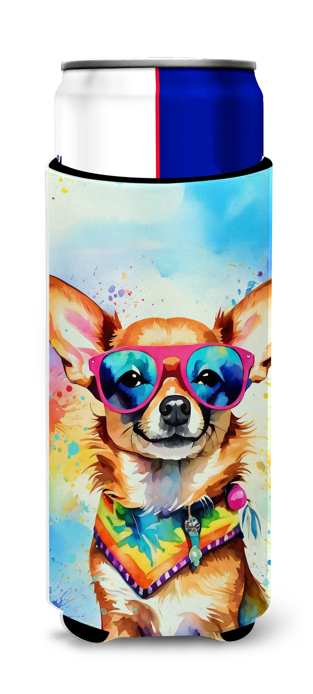 Chihuahua Hippie Dawg Slim Can Hugger , Insulated Foam Hugger for 12 oz Slim Cans, Beer Bottles & Water Bottles, Printed in USA