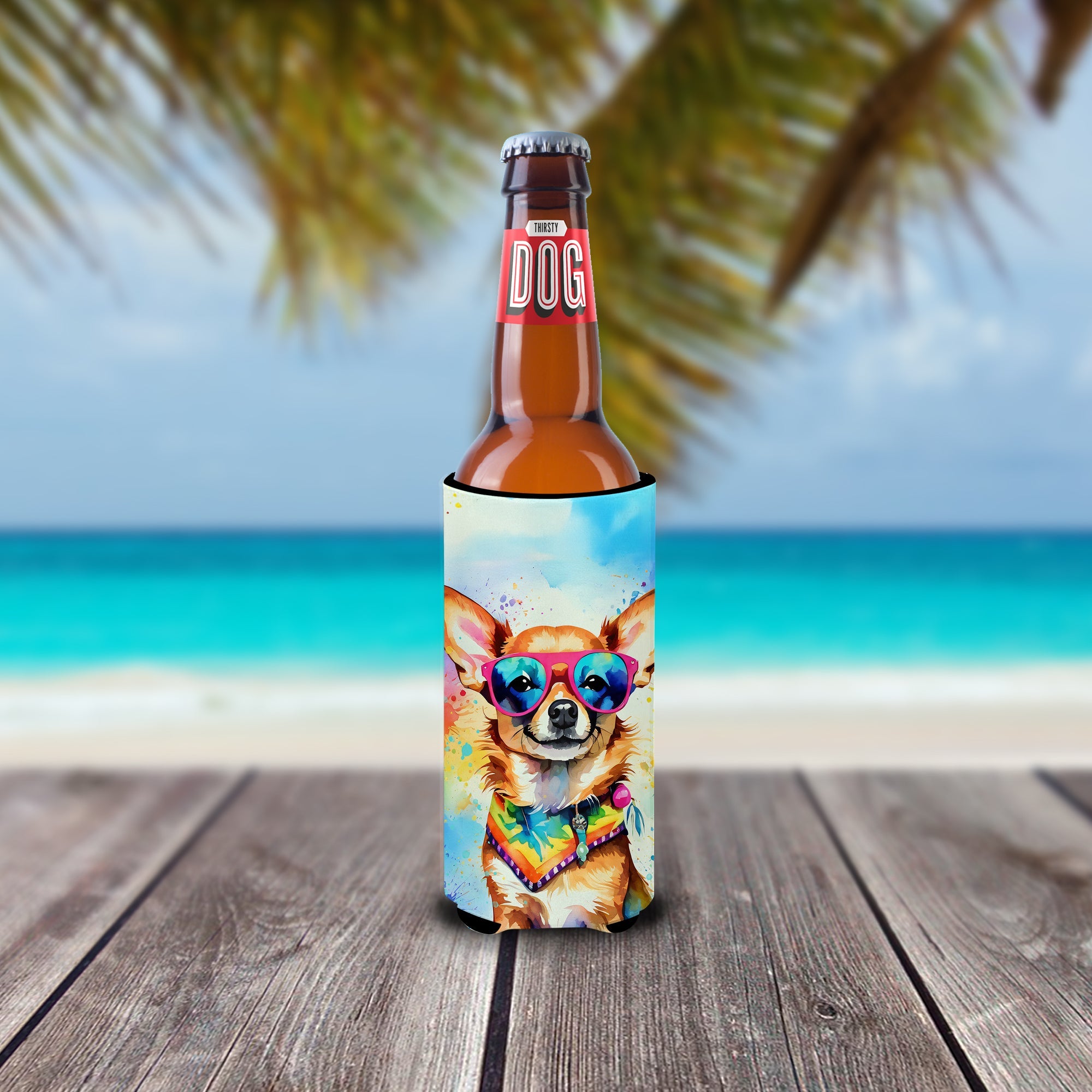 Chihuahua Hippie Dawg Slim Can Hugger , Insulated Foam Hugger for 12 oz Slim Cans, Beer Bottles & Water Bottles, Printed in USA
