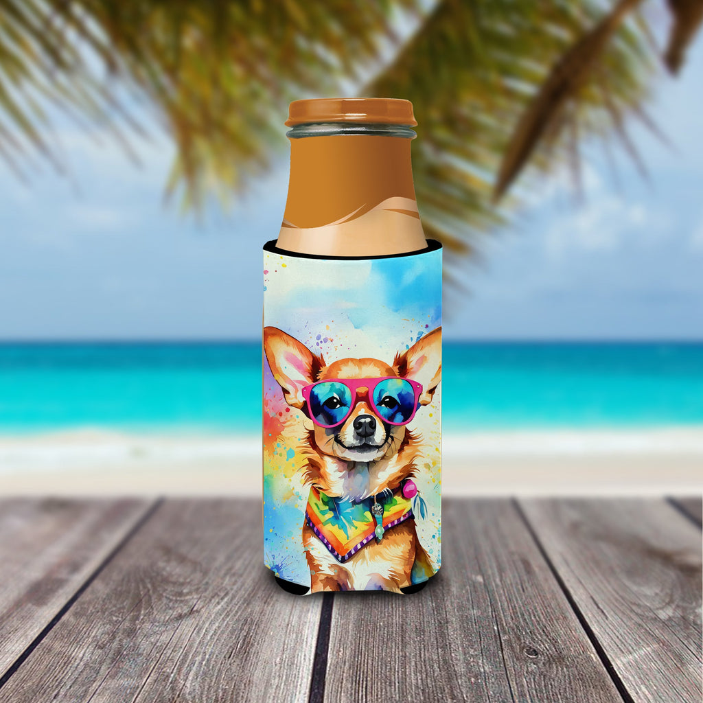 Chihuahua Hippie Dawg Slim Can Hugger , Insulated Foam Hugger for 12 oz Slim Cans, Beer Bottles & Water Bottles, Printed in USA