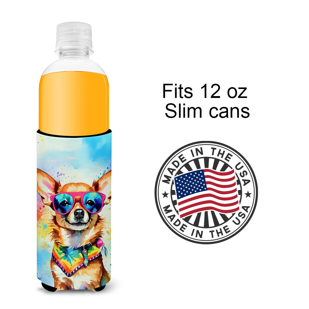 Chihuahua Hippie Dawg Slim Can Hugger , Insulated Foam Hugger for 12 oz Slim Cans, Beer Bottles & Water Bottles, Printed in USA