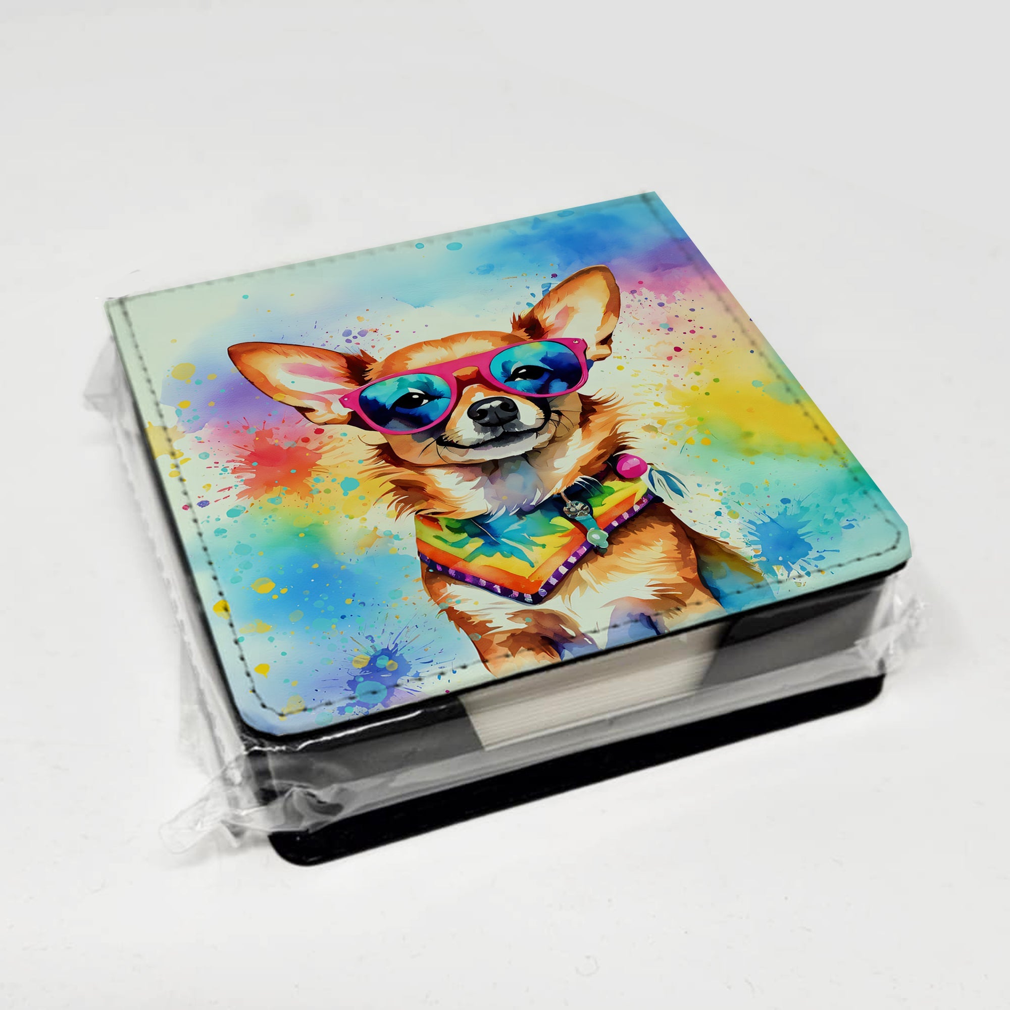 Chihuahua Hippie Dawg PU Leather Note Paper Holder with Artist-Designed Cover, Desk Accessory, Office Gift