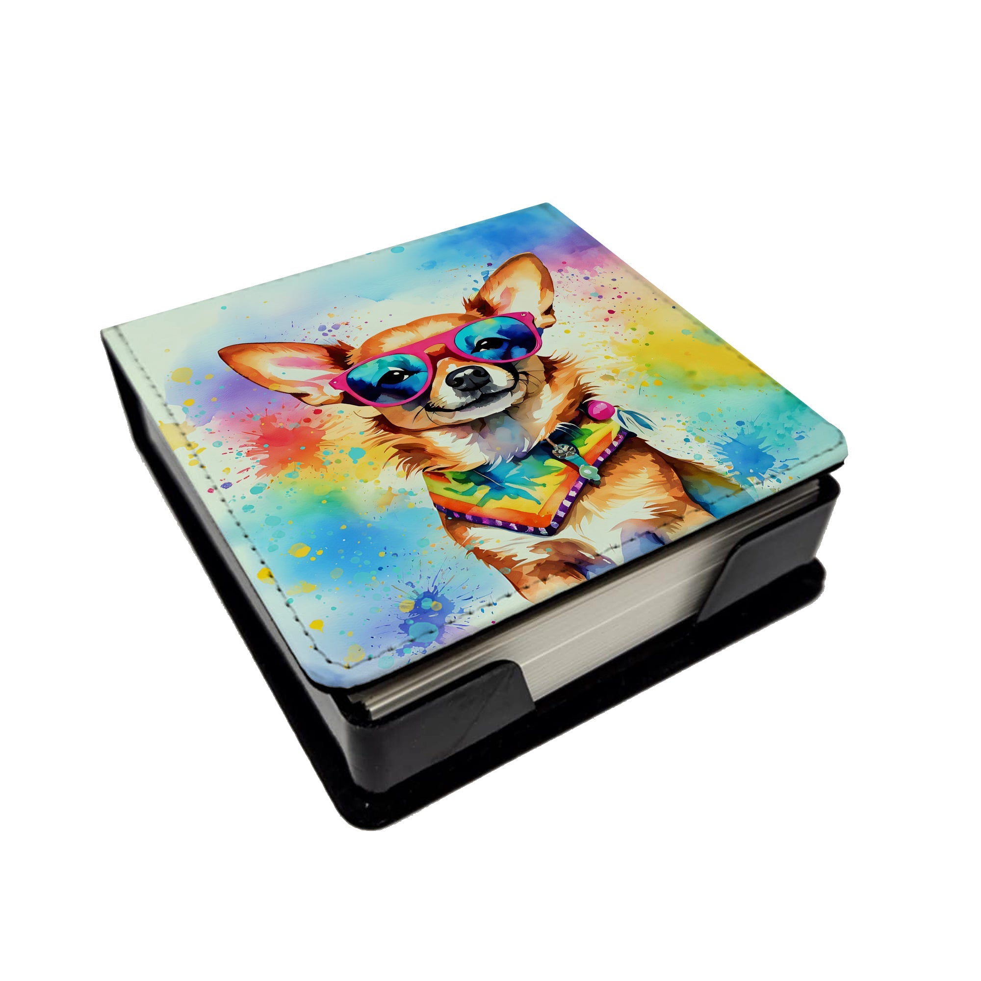 Chihuahua Hippie Dawg PU Leather Note Paper Holder with Artist-Designed Cover, Desk Accessory, Office Gift