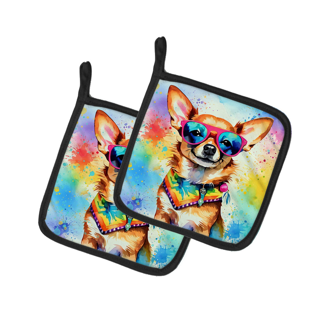 Chihuahua Hippie Dawg Pot Holder Set of 2 Heat Resistant Quilted Hot Pads 7.5 x 7.5 Inch, Insulated Kitchen Trivets for Cooking & Baking