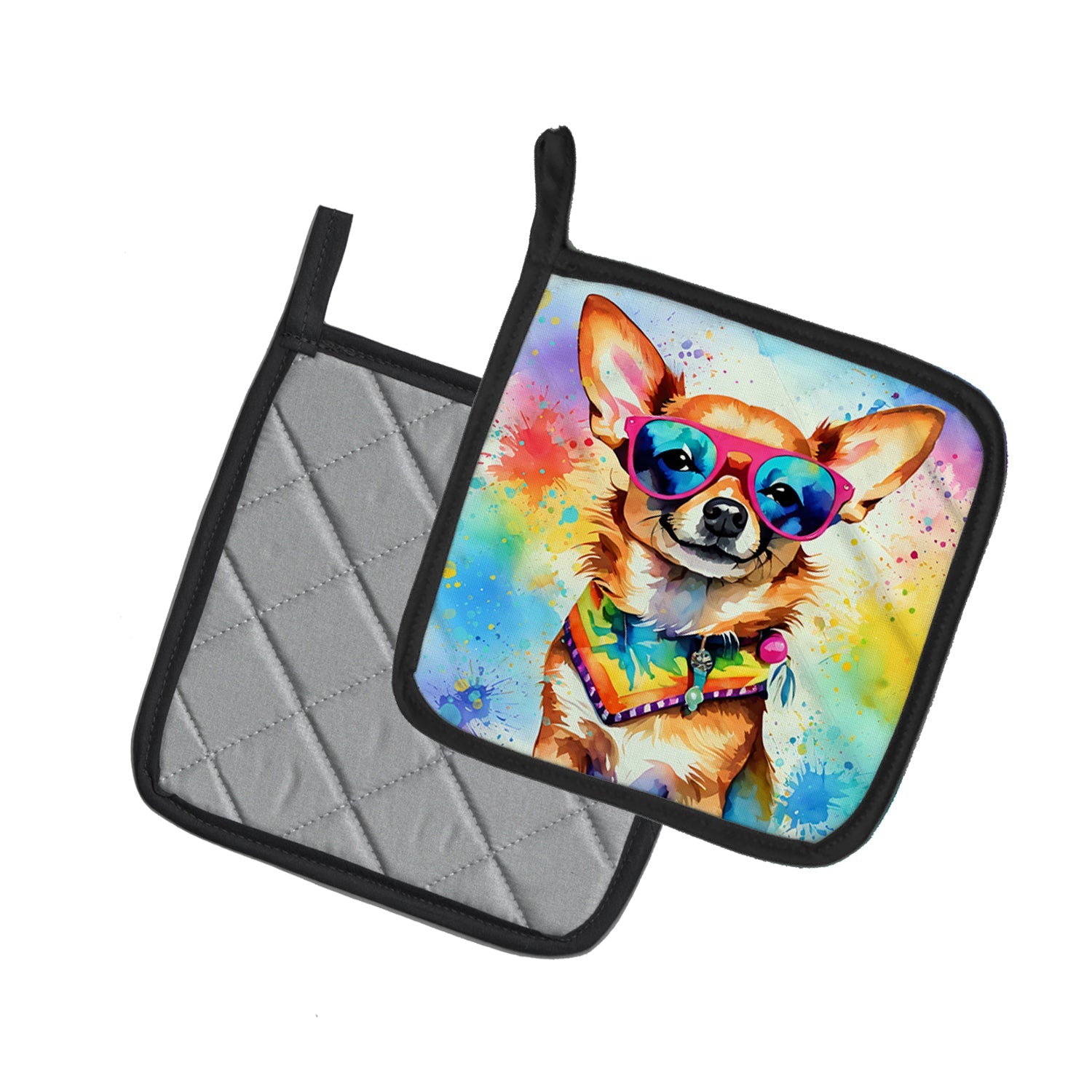 Chihuahua Hippie Dawg Pot Holder Set of 2 Heat Resistant Quilted Hot Pads 7.5 x 7.5 Inch, Insulated Kitchen Trivets for Cooking & Baking