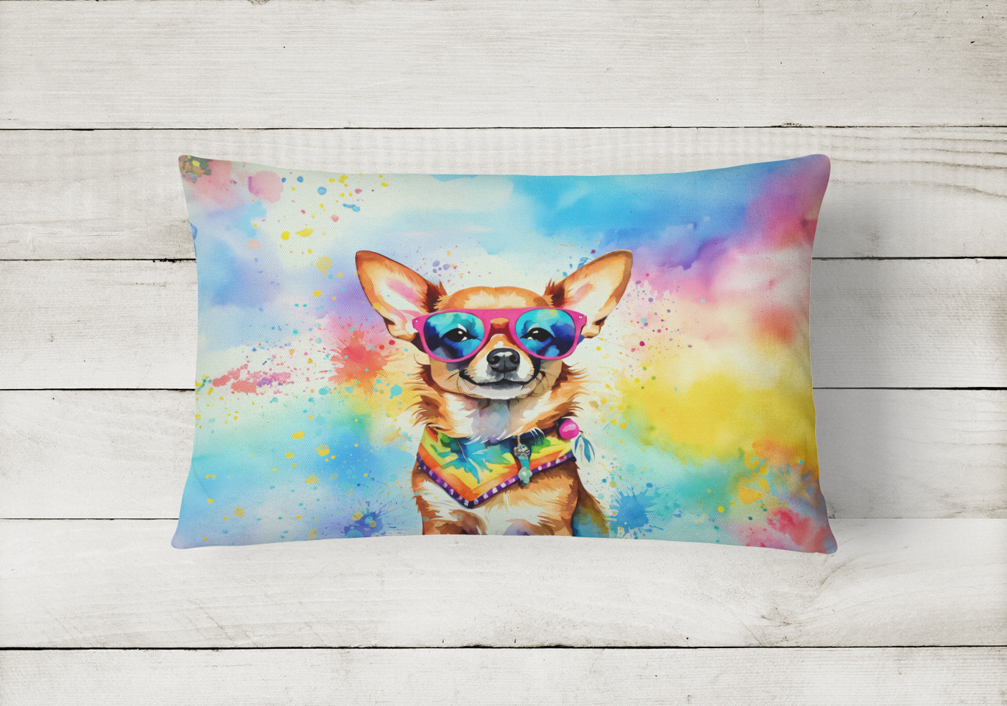Chihuahua Hippie Dawg Decorative Throw Pillow 12x16 Indoor Outdoor Accent Cushion, Fabric Cover with Insert for Sofa, Bed, Porch & Living Room
