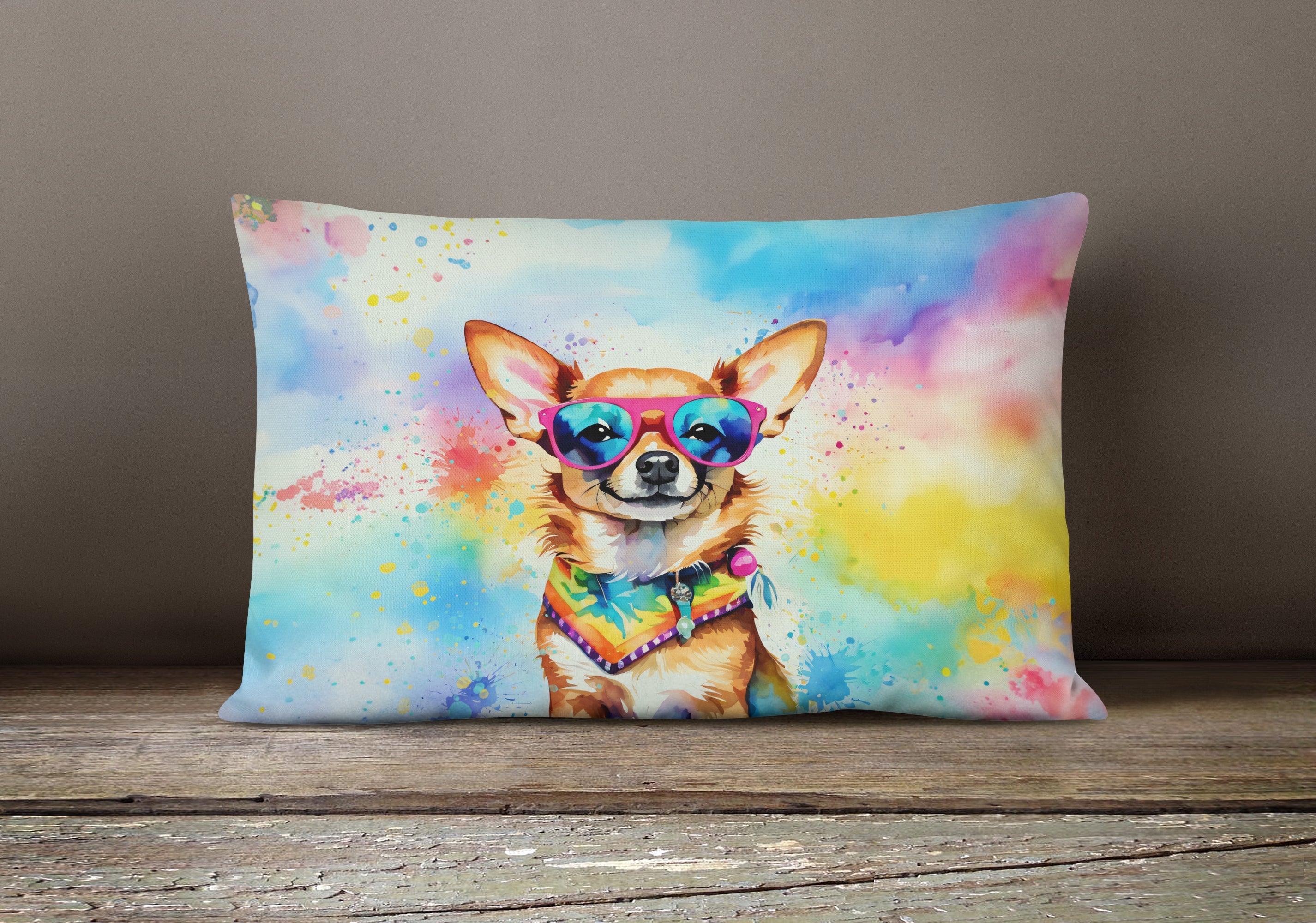 Chihuahua Hippie Dawg Decorative Throw Pillow 12x16 Indoor Outdoor Accent Cushion, Fabric Cover with Insert for Sofa, Bed, Porch & Living Room