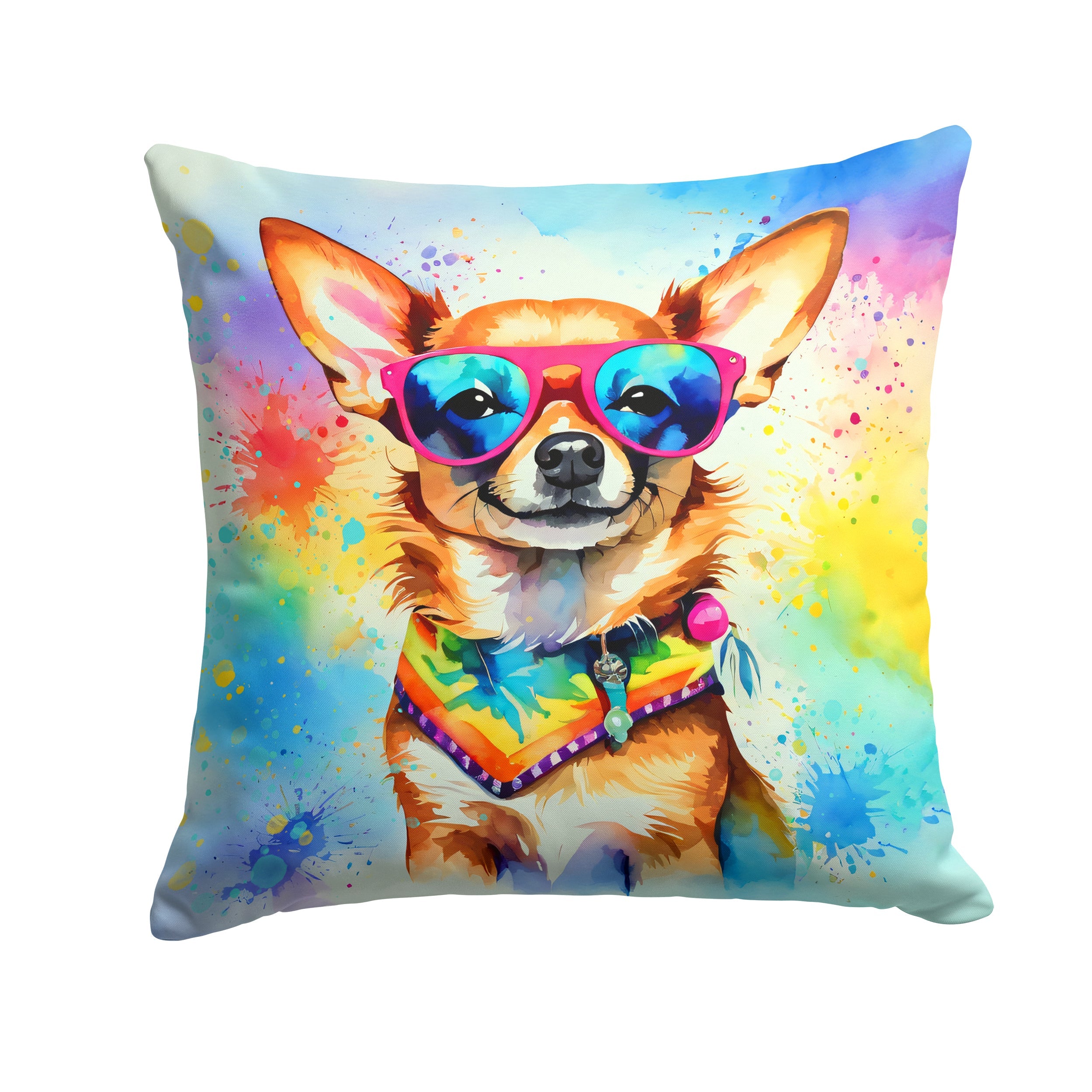 Chihuahua Hippie Dawg Decorative Throw Pillow 14x14 Indoor Outdoor Accent Cushion, Fabric Cover with Insert for Sofa, Bed, Porch & Living Room