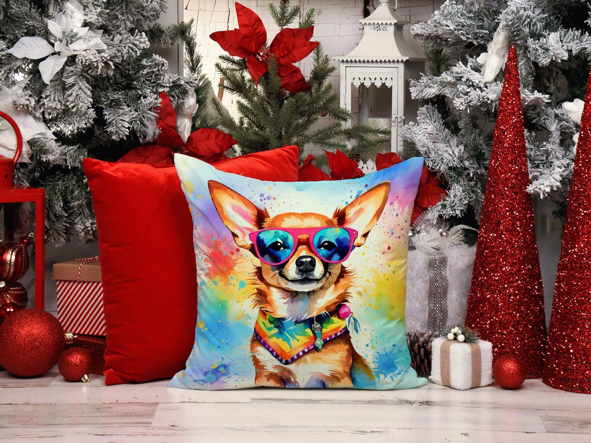 Chihuahua Hippie Dawg Decorative Throw Pillow 14x14 Indoor Outdoor Accent Cushion, Fabric Cover with Insert for Sofa, Bed, Porch & Living Room