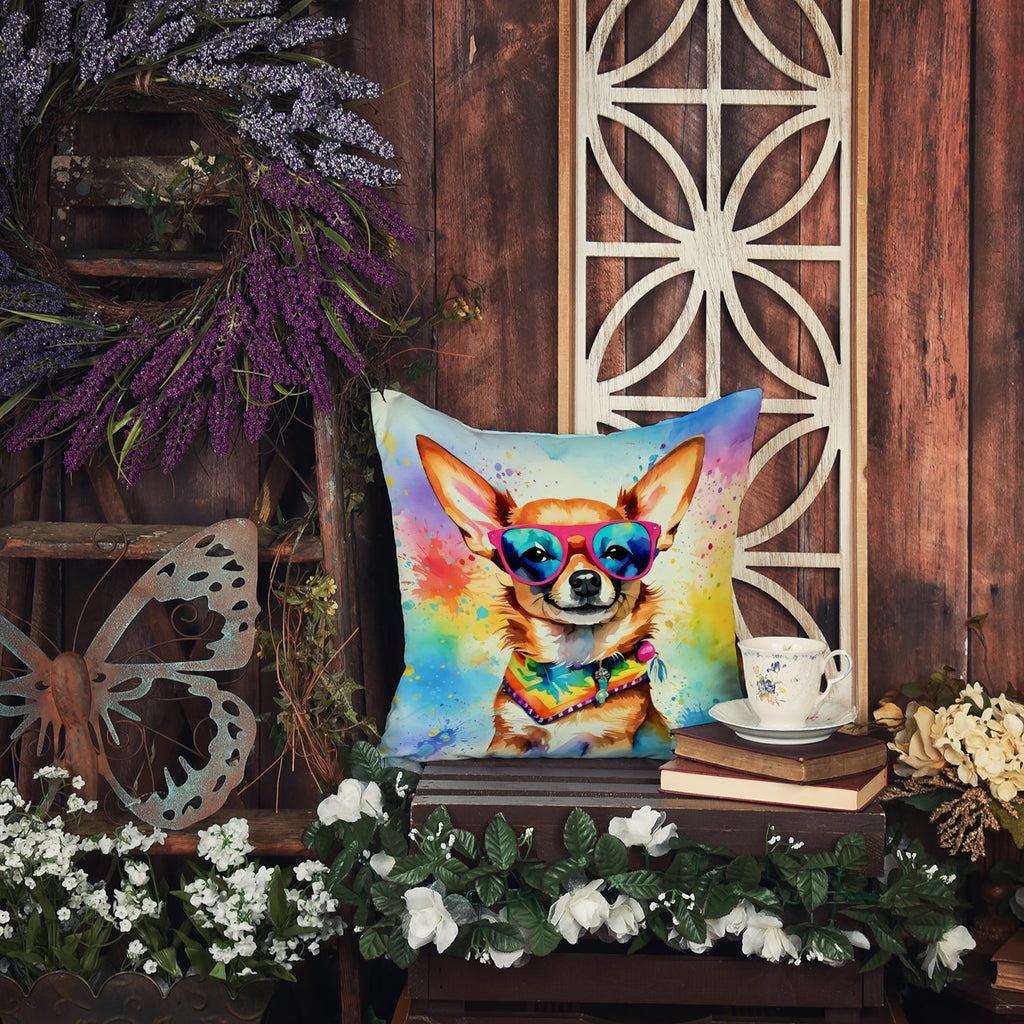 Chihuahua Hippie Dawg Decorative Throw Pillow 14x14 Indoor Outdoor Accent Cushion, Fabric Cover with Insert for Sofa, Bed, Porch & Living Room