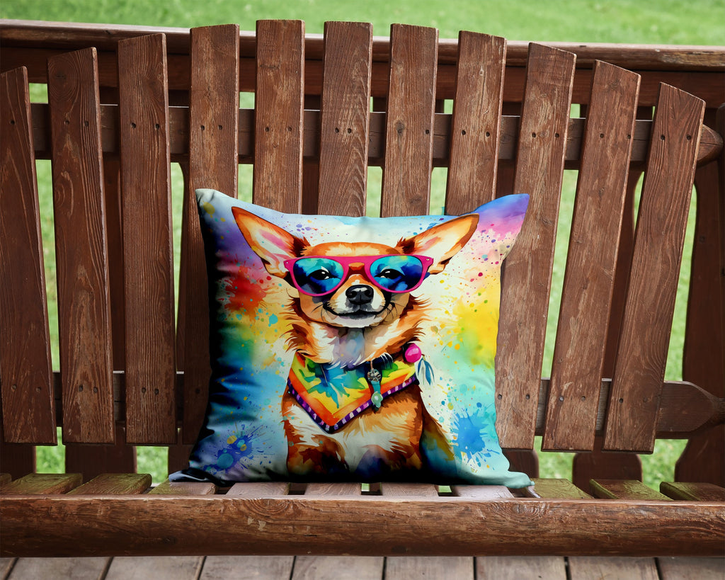 Chihuahua Hippie Dawg Decorative Throw Pillow 14x14 Indoor Outdoor Accent Cushion, Fabric Cover with Insert for Sofa, Bed, Porch & Living Room