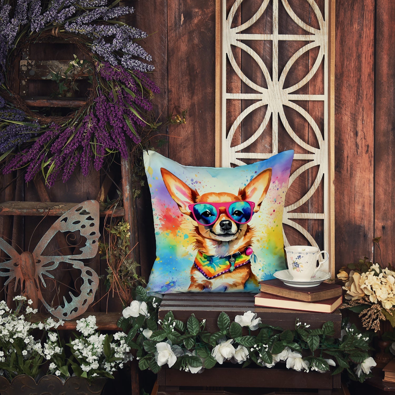Chihuahua Hippie Dawg Decorative Throw Pillow 18x18 Indoor Outdoor Accent Cushion, Fabric Cover with Insert for Sofa, Bed, Porch & Living Room