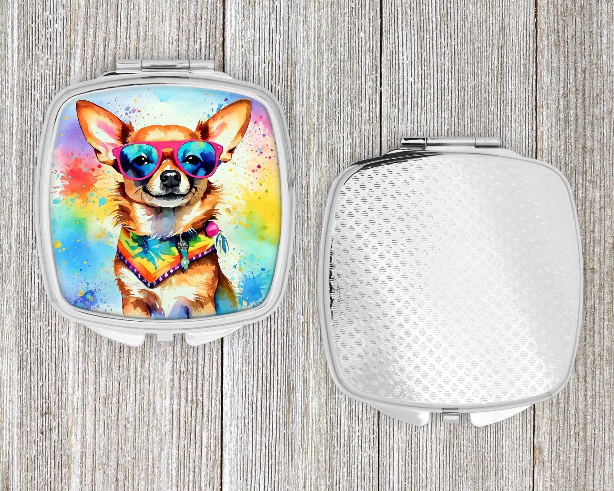Chihuahua Hippie Dawg Compact Mirror Decorative Travel Makeup Mirror for Women Girls Gifts Pocket Makeup Mirror Folding Handheld