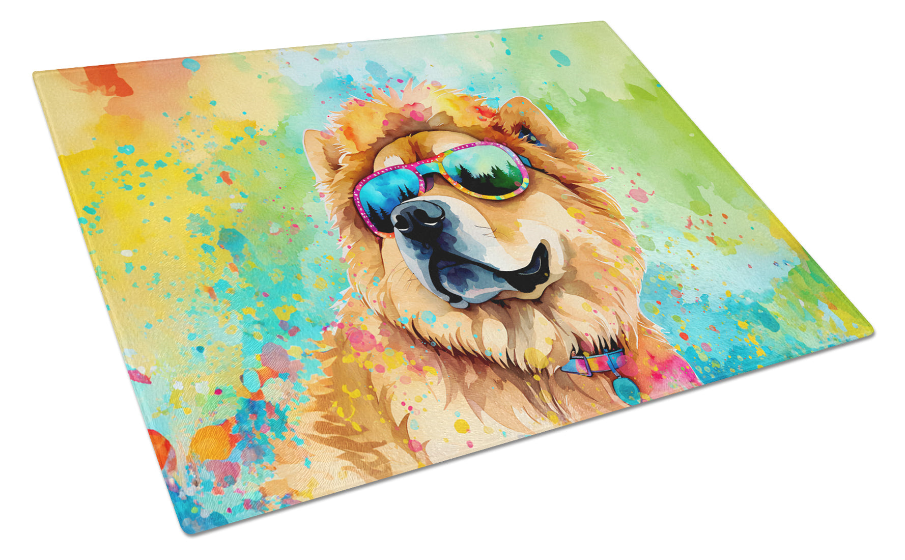 Chow Chow Hippie Dawg Cutting Board Tempered Glass Kitchen Cutting Surface, Heat Resistant Chopping, Non-Slip Feet, Food Prep & Serving