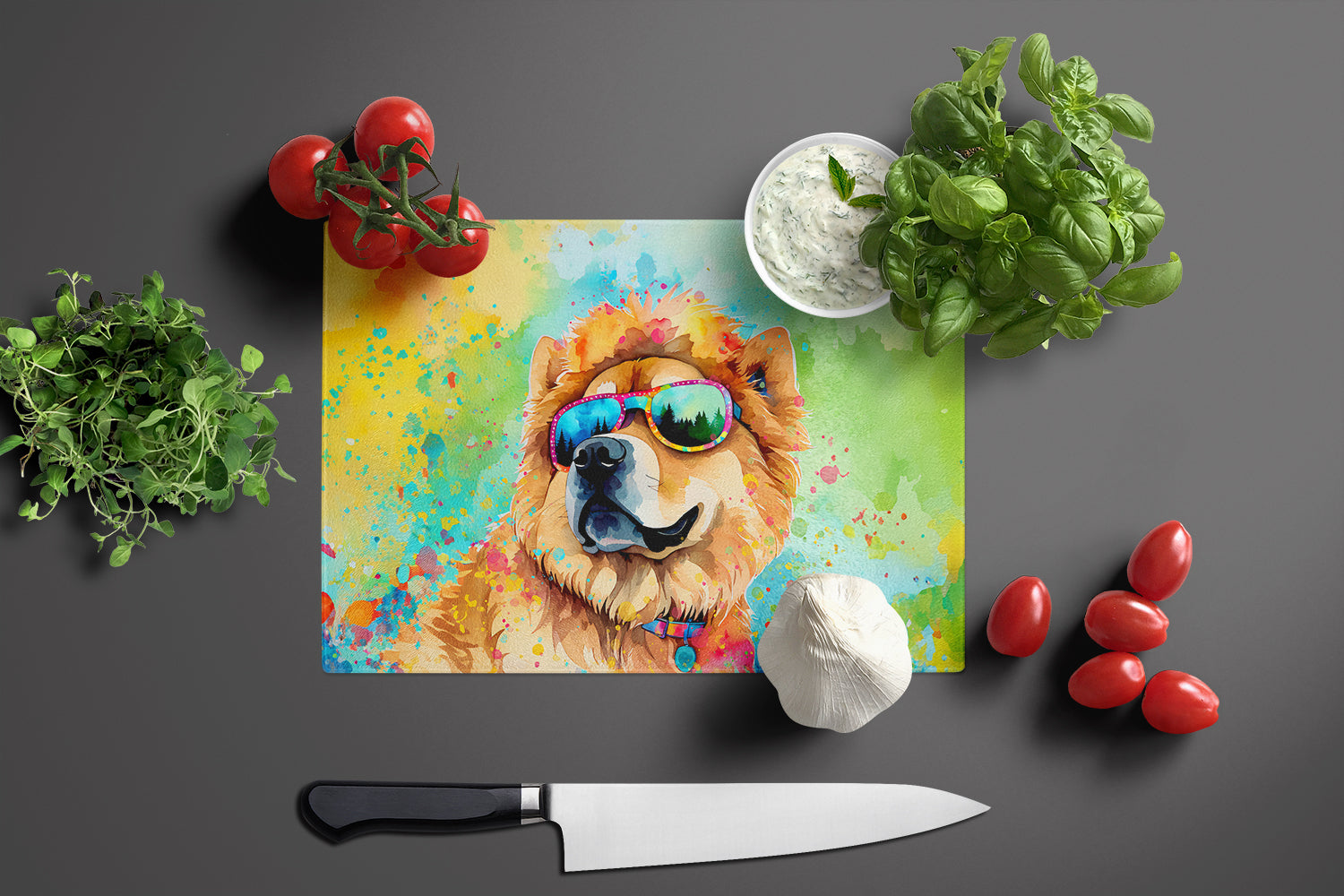 Chow Chow Hippie Dawg Cutting Board Tempered Glass Kitchen Cutting Surface, Heat Resistant Chopping, Non-Slip Feet, Food Prep & Serving